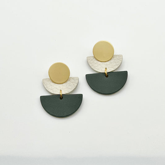 Leather Double Half Circle + Gold Stud | Black + Cream