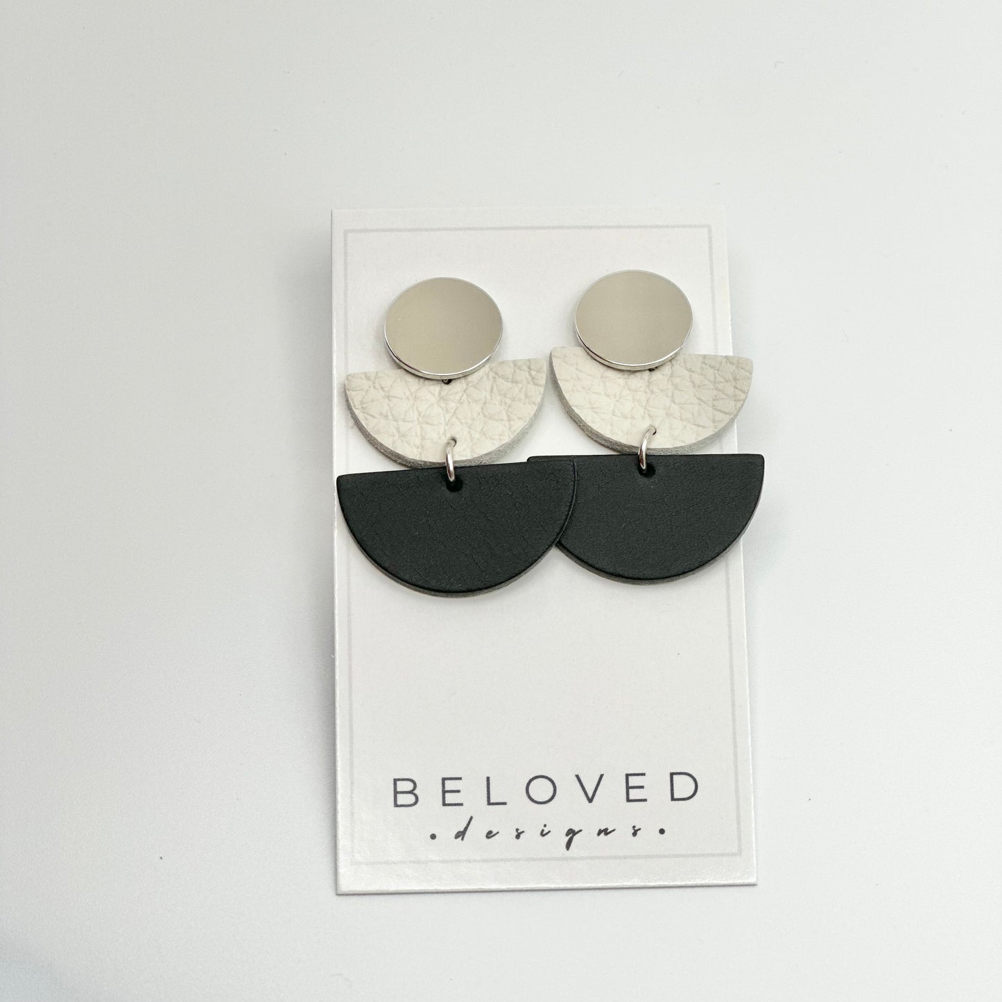 Leather Half Circle + Rhodium Stud Earrings | Black + Cream