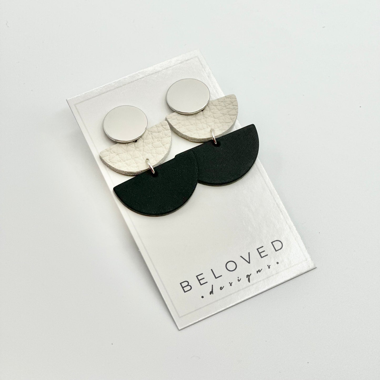 Leather Half Circle + Rhodium Stud Earrings | Black + Cream