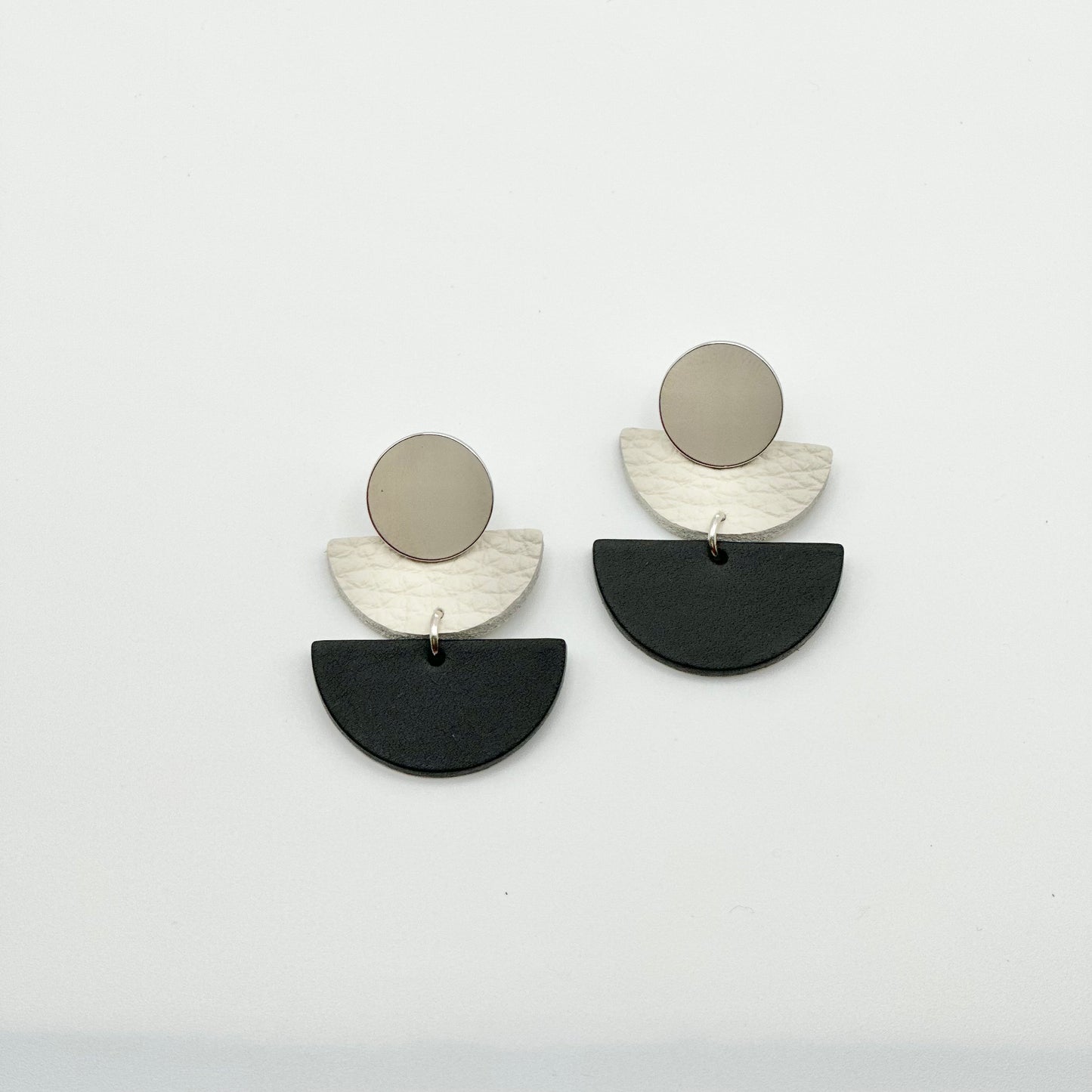 Leather Half Circle + Rhodium Stud Earrings | Black + Cream