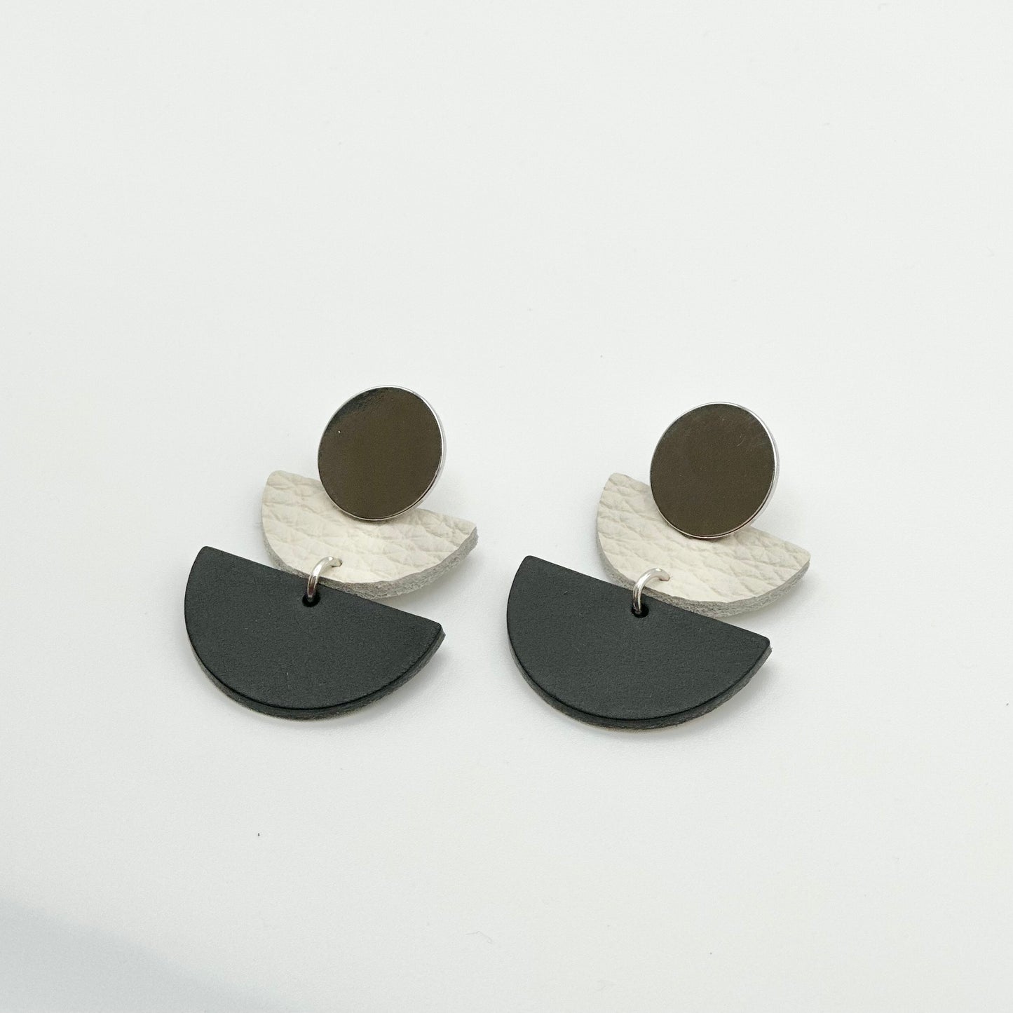 Leather Half Circle + Rhodium Stud Earrings | Black + Cream
