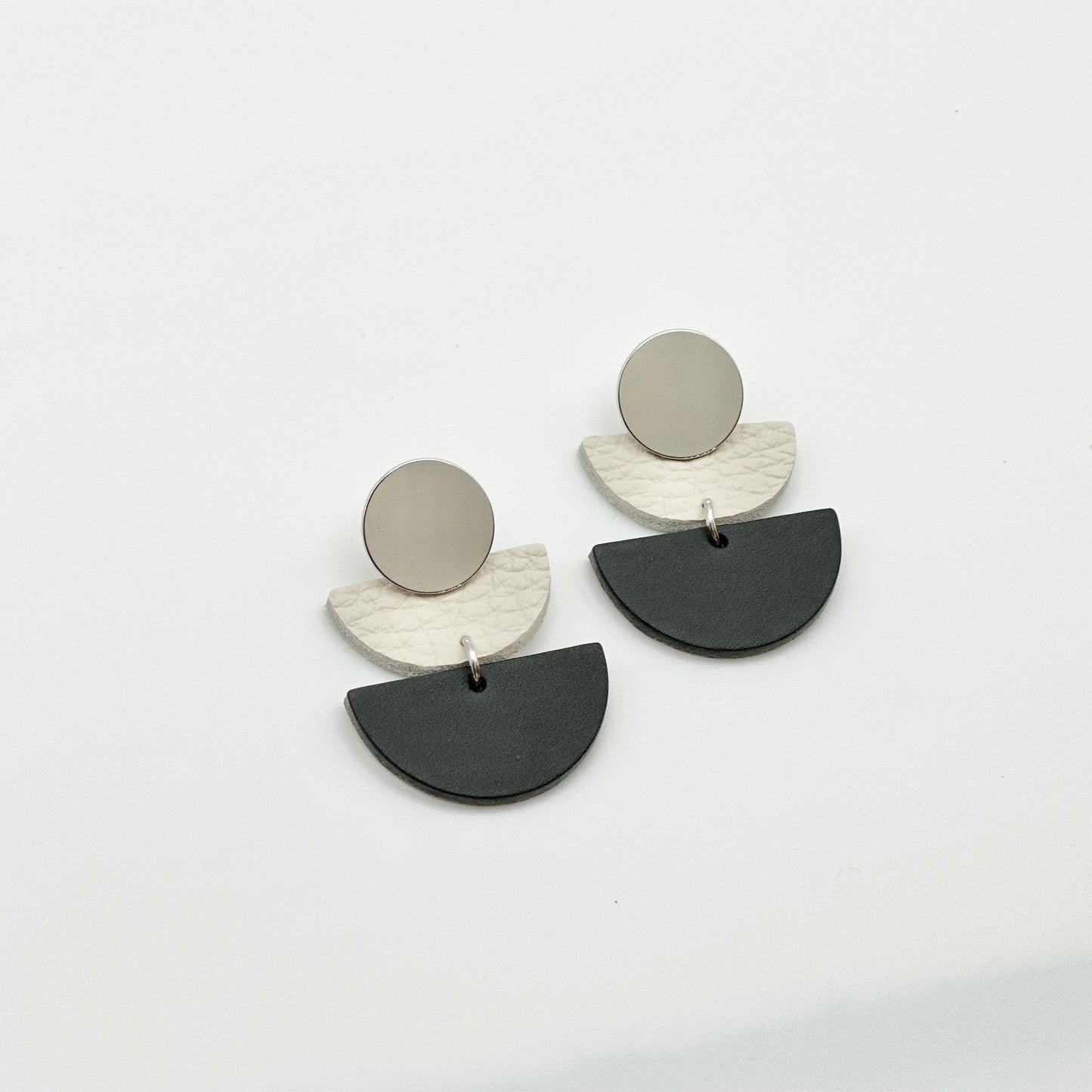 Leather Half Circle + Rhodium Stud Earrings | Black + Cream