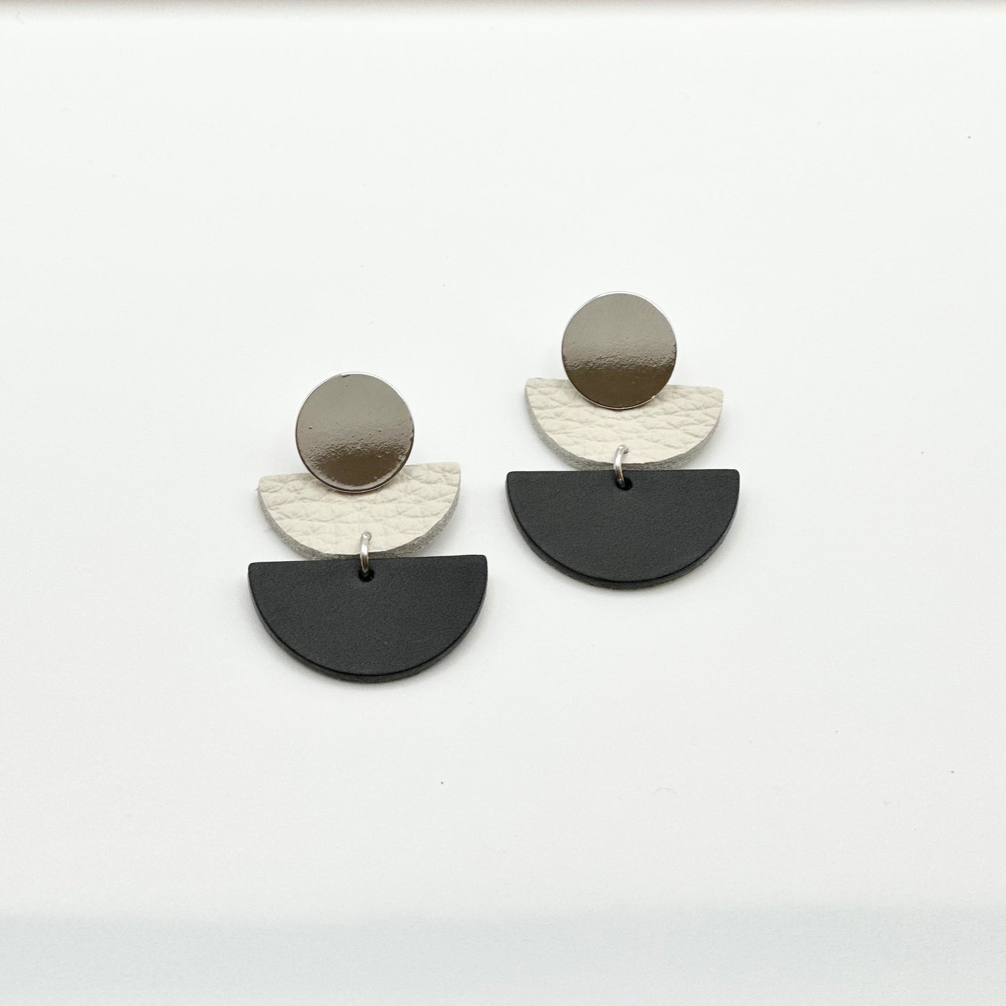 Leather Half Circle + Rhodium Stud Earrings | Black + Cream
