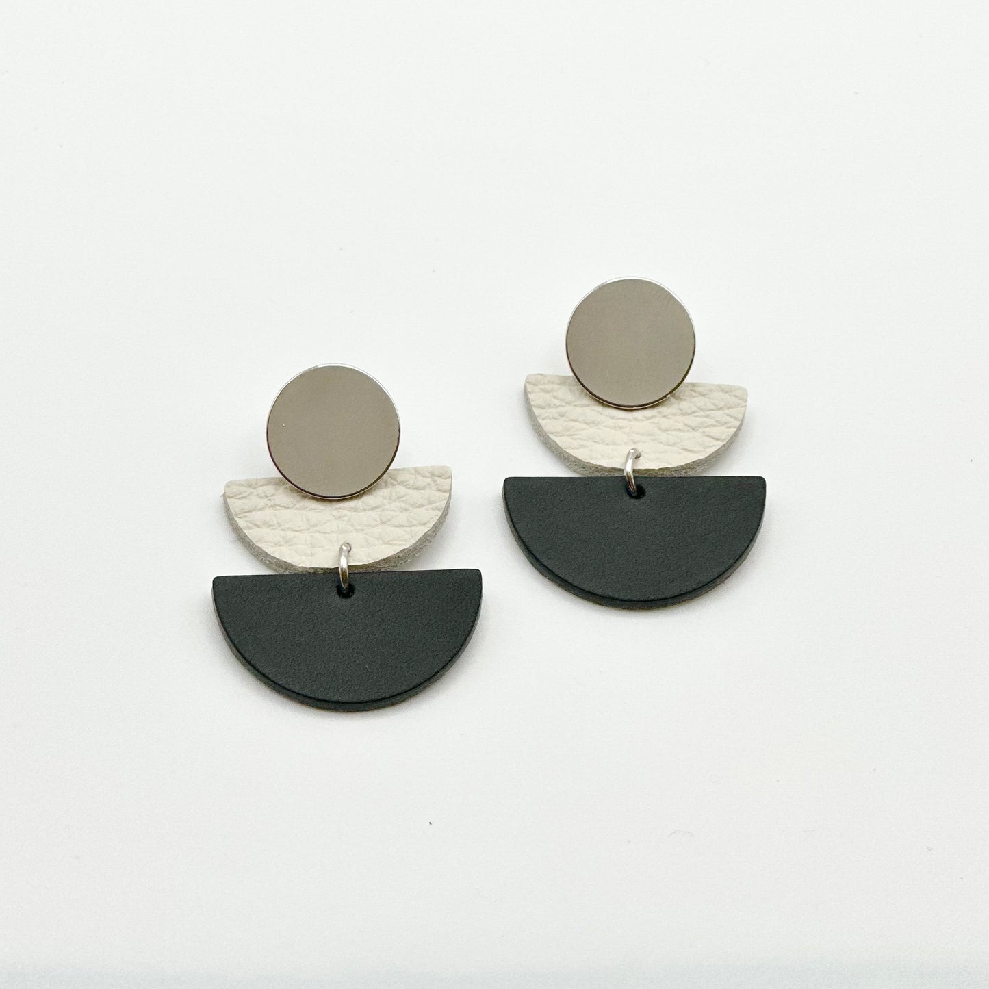 Leather Half Circle + Rhodium Stud Earrings | Black + Cream