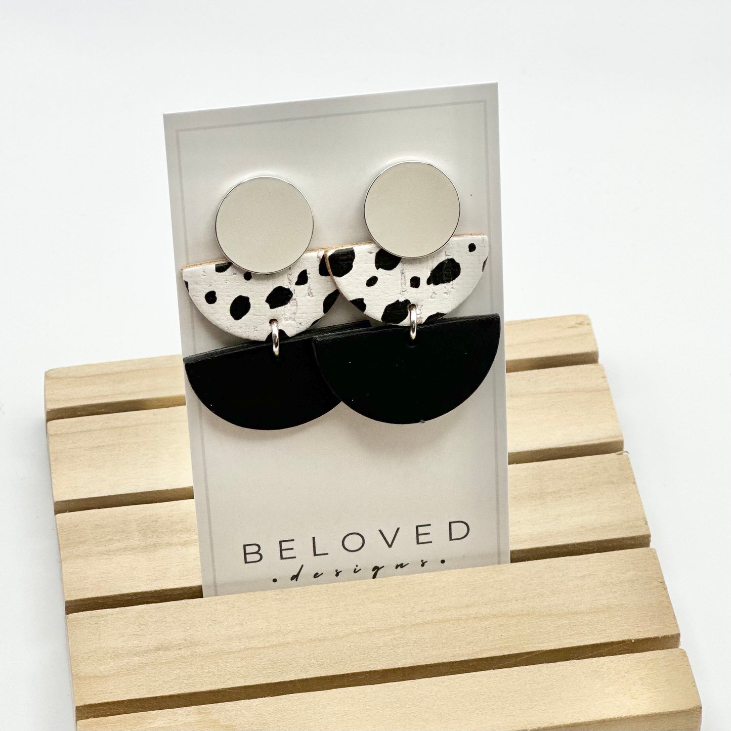 Leather Double Half Circle + Rhodium Stud | Dalmatian + Black