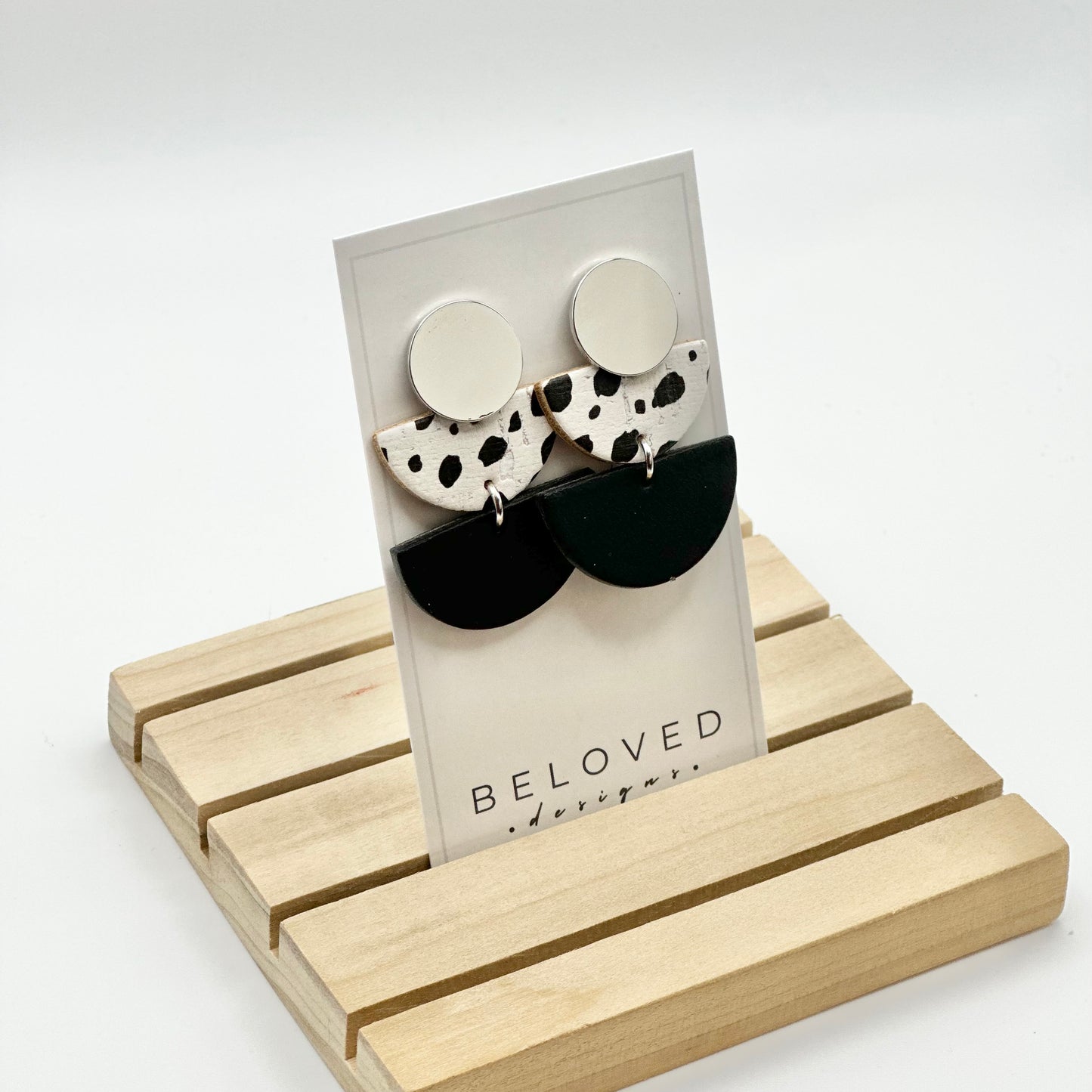 Leather Double Half Circle + Rhodium Stud | Dalmatian + Black