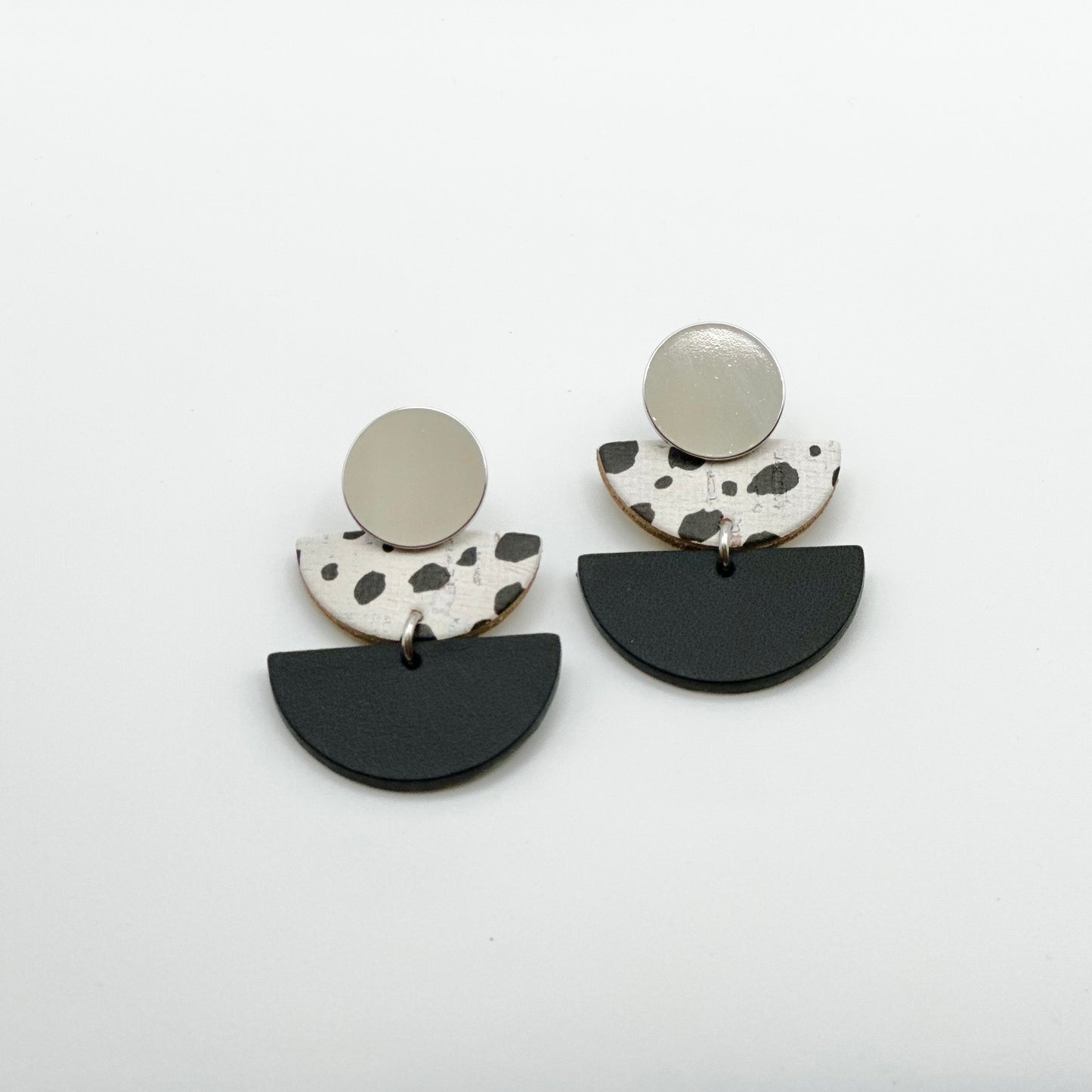 Leather Double Half Circle + Rhodium Stud | Dalmatian + Black