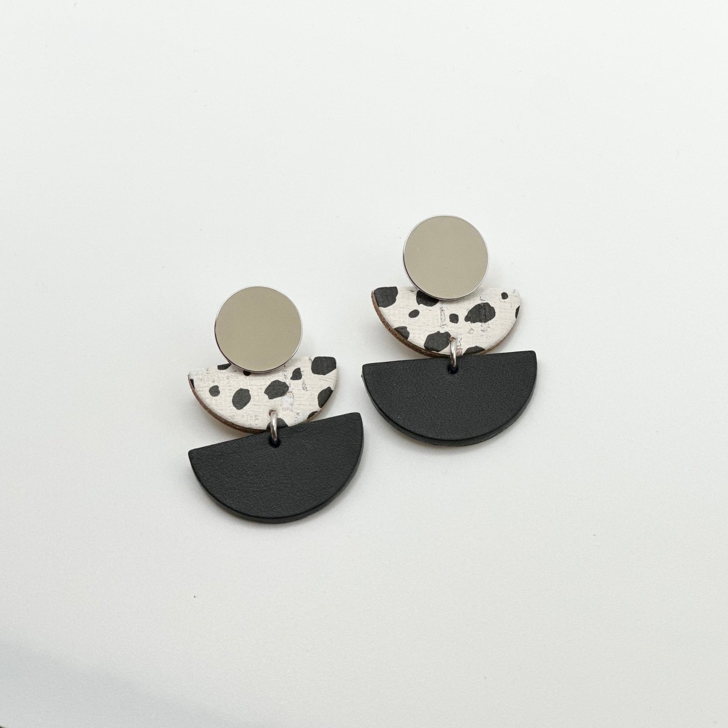 Leather Double Half Circle + Rhodium Stud | Dalmatian + Black