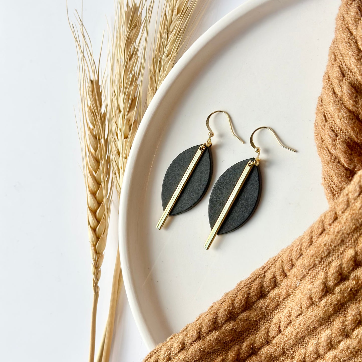 Black Leather Leaf + Gold Bar Earrings