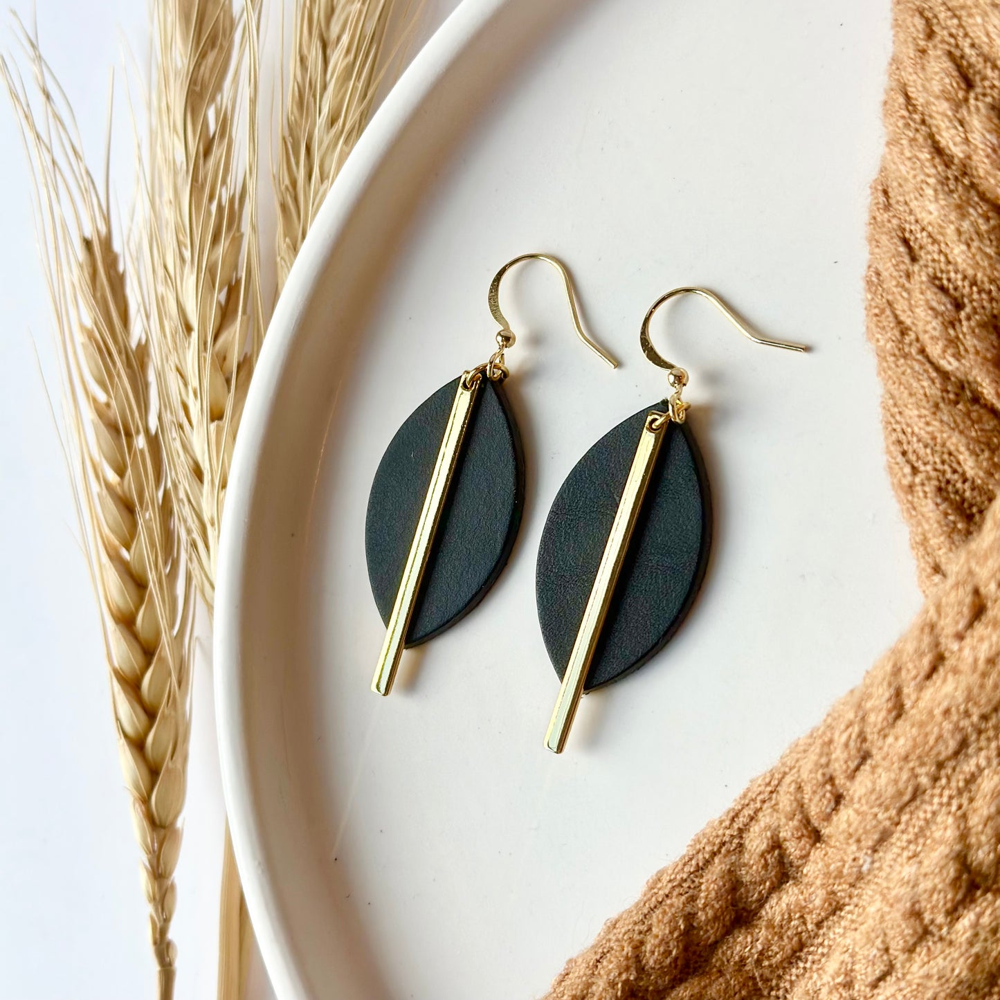 Black Leather Leaf + Gold Bar Earrings