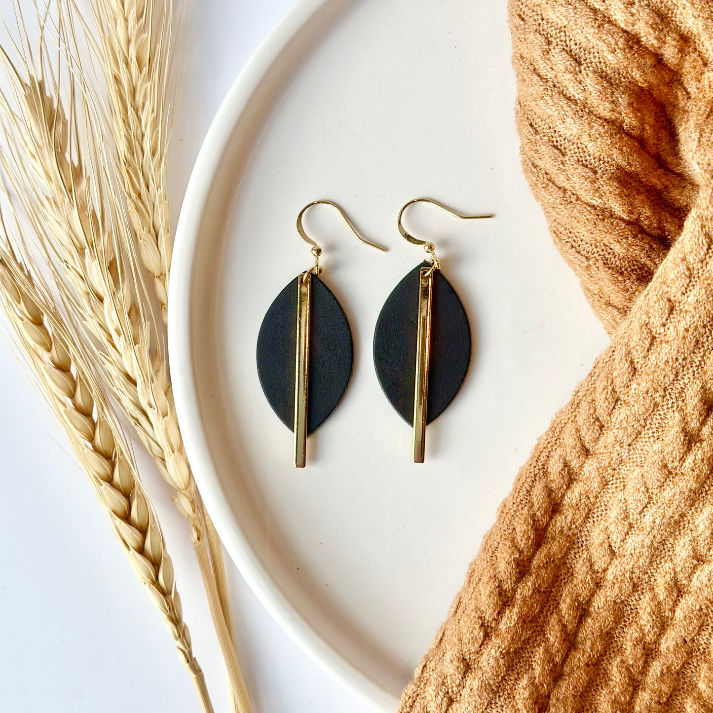 Black Leather Leaf + Gold Bar Earrings