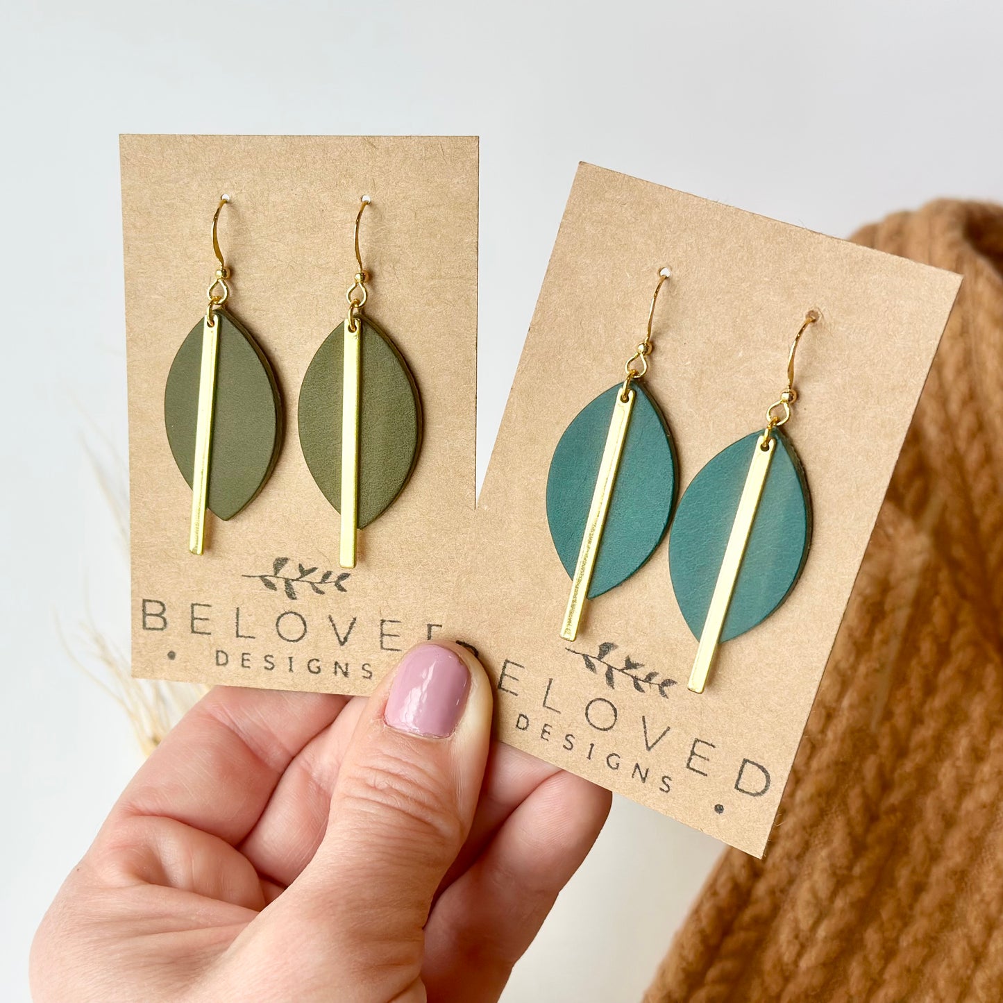 Deep Teal Leather Leaf + Gold Bar Earrings