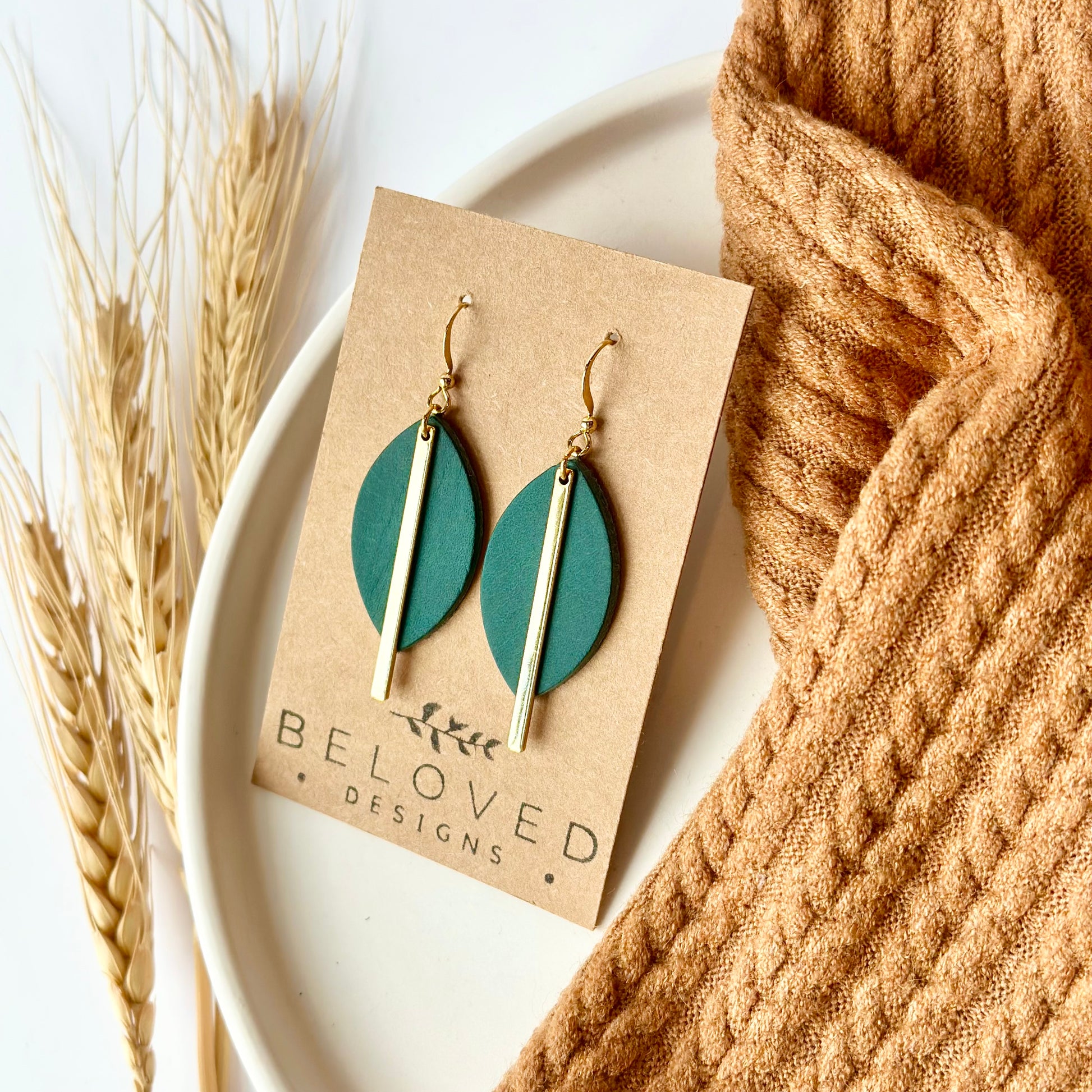 Deep Teal Leather Leaf Gold Bar Earrings - Main Image