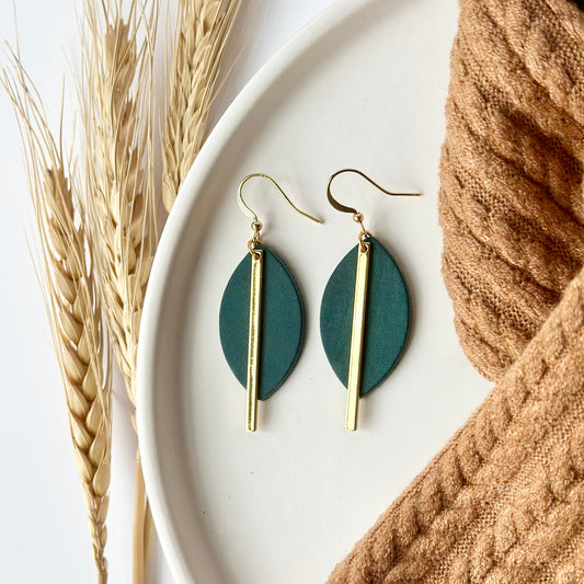 Deep Teal Leather Leaf + Gold Bar Earrings