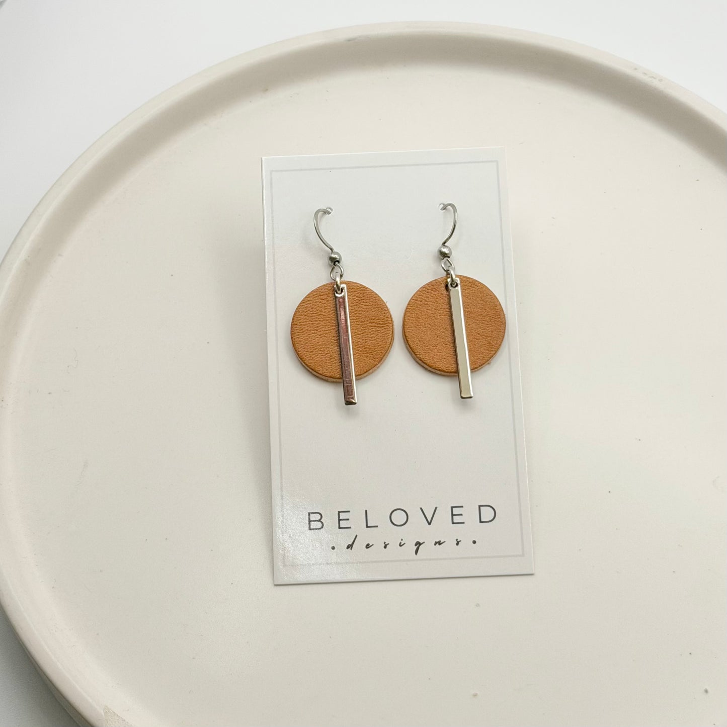 Leather Circle + Rhodium Bar Earrings | Natural