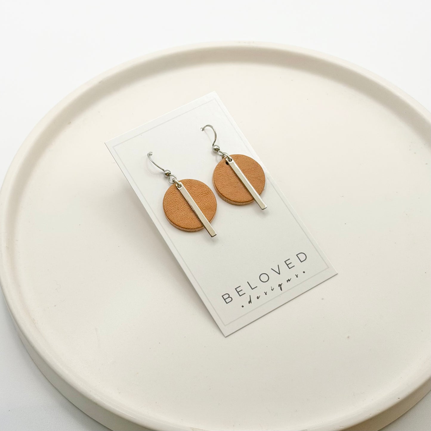 Leather Circle + Rhodium Bar Earrings | Natural
