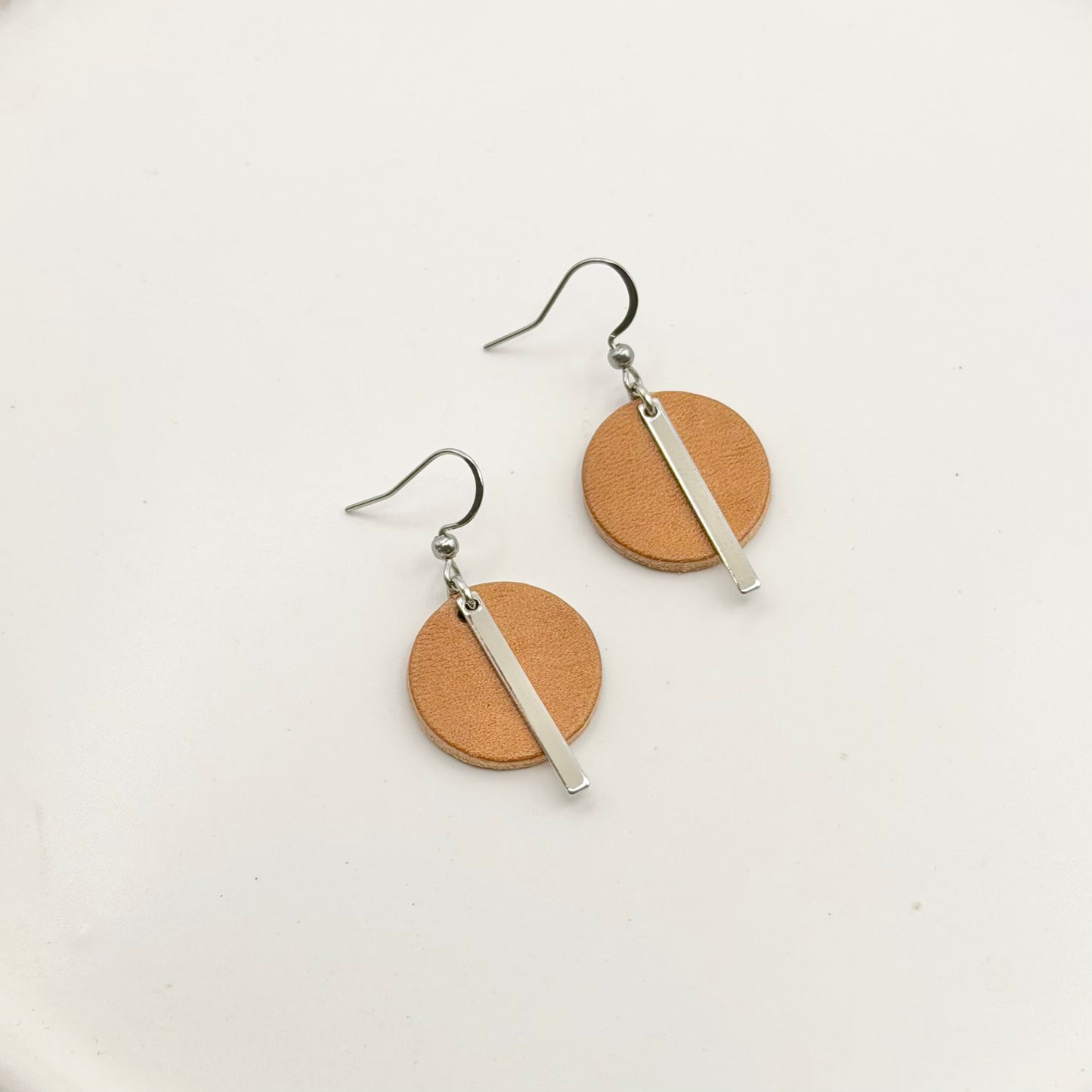 Leather Circle + Rhodium Bar Earrings | Natural