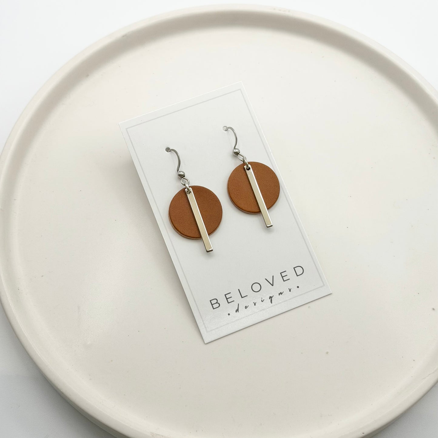 Leather Circle + Rhodium Bar Earrings | Cognac