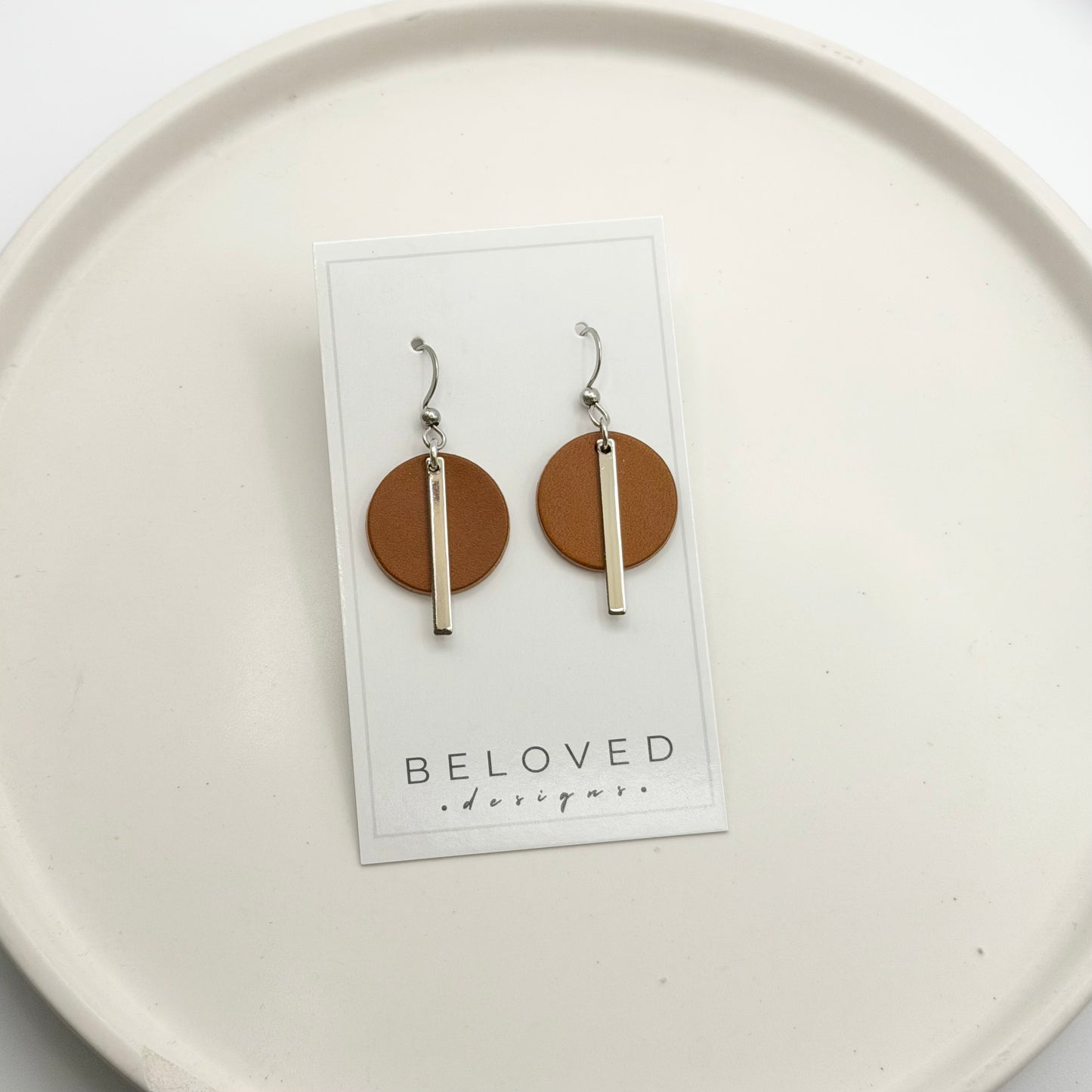 Leather Circle + Rhodium Bar Earrings | Cognac