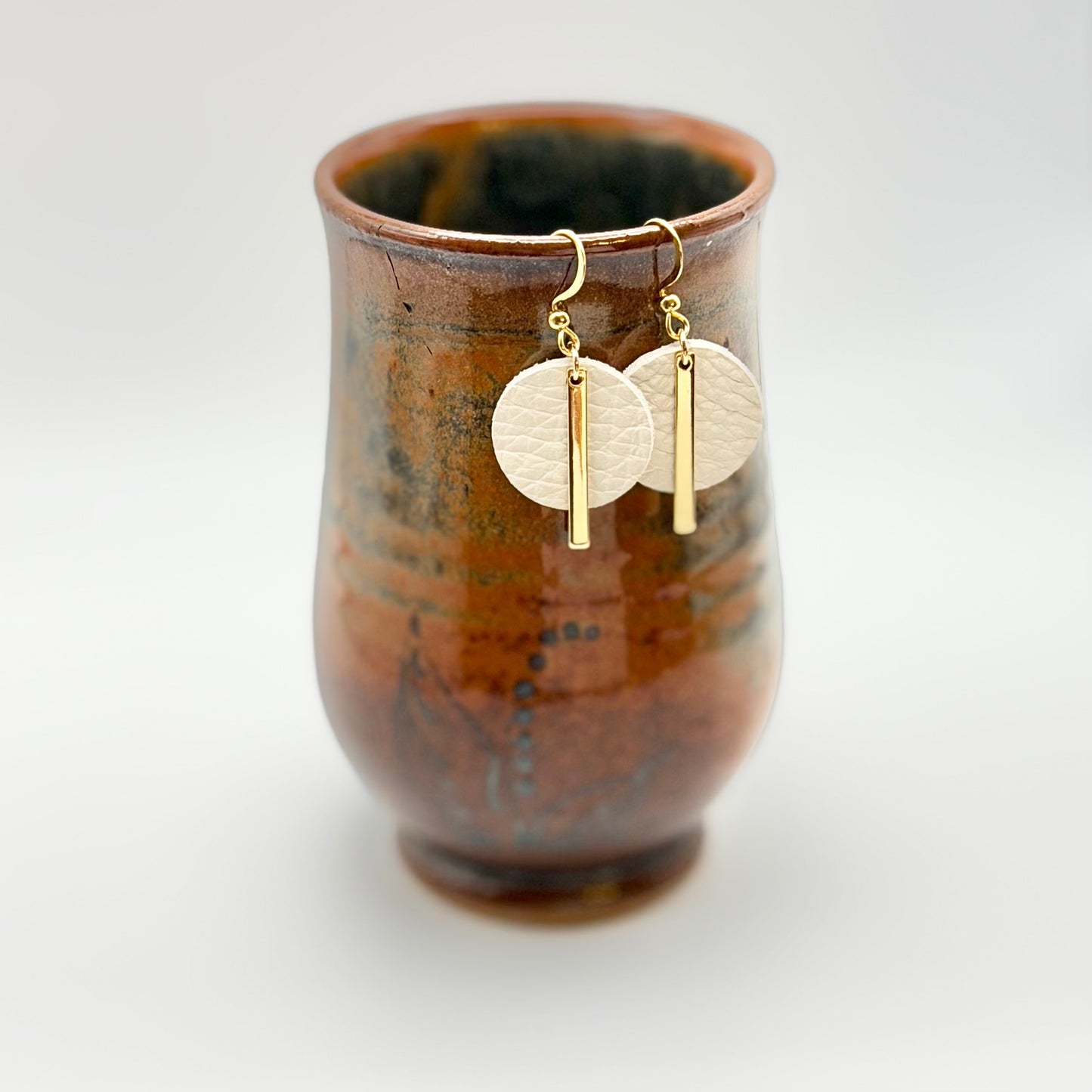 Leather Circle + Gold Bar Earrings | White