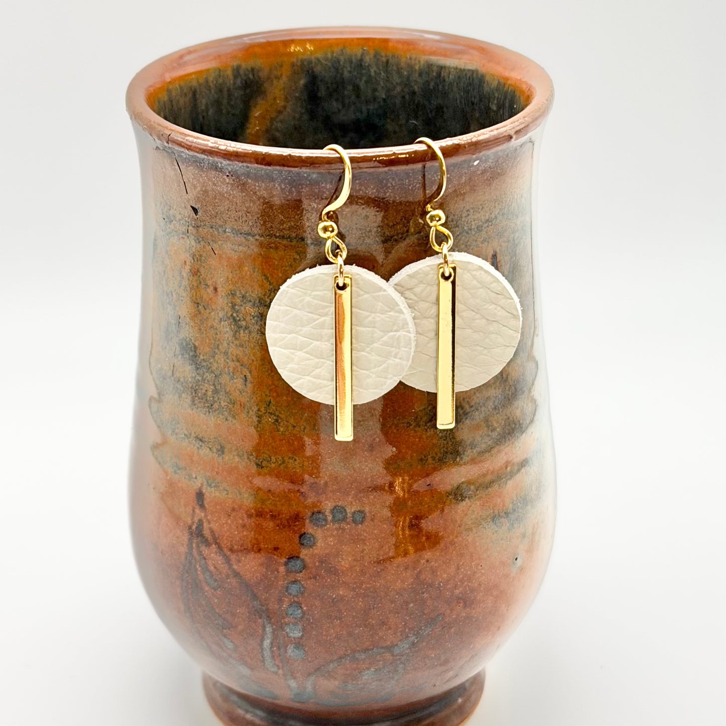 Leather Circle + Gold Bar Earrings | White