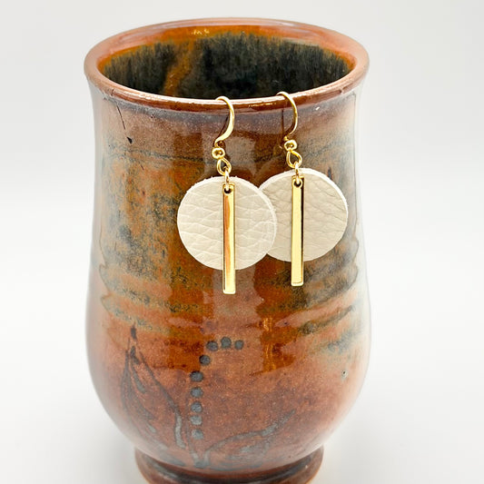 Leather Circle + Gold Bar Earrings | White