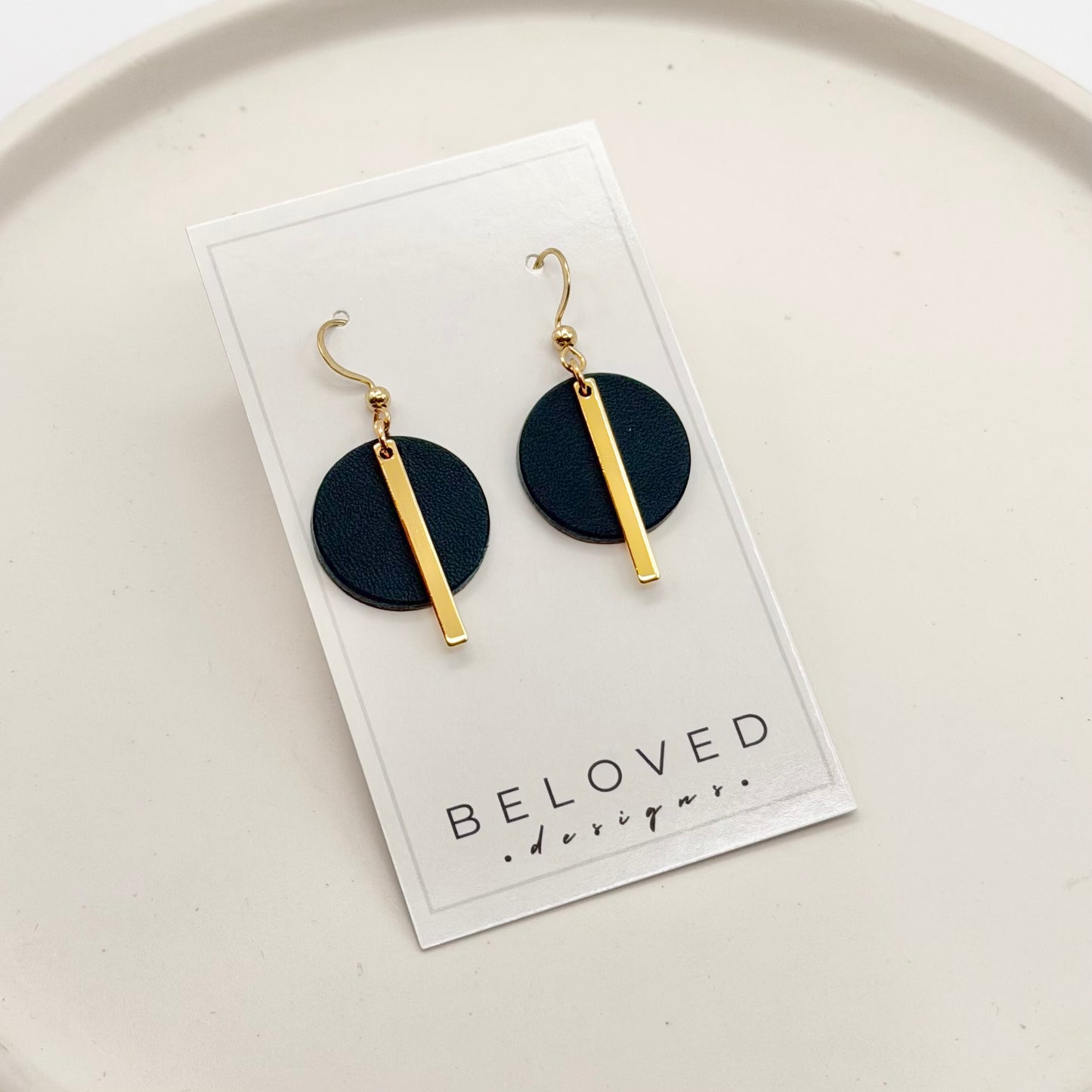 Leather Circle + Gold Bar Earrings | Black