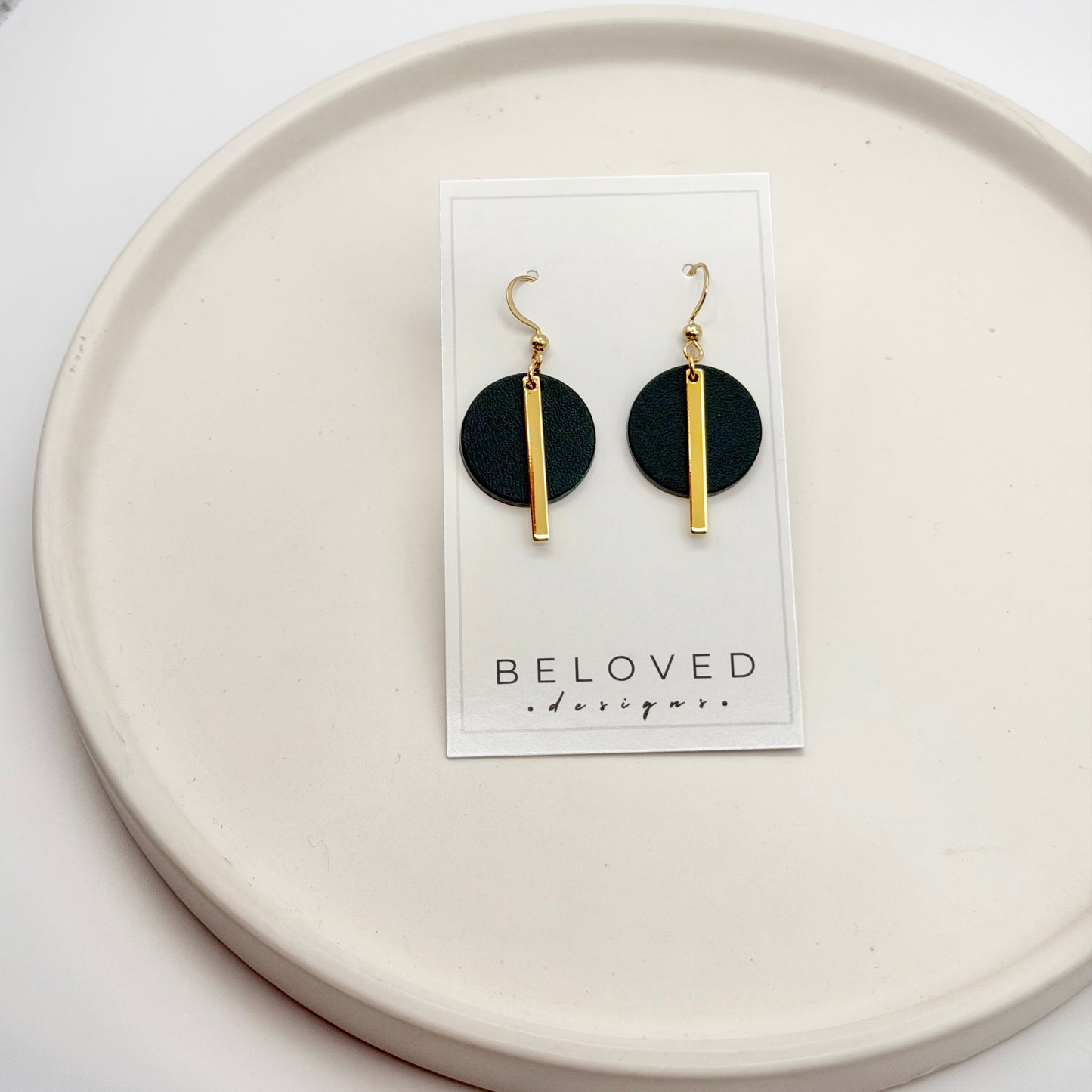 Leather Circle + Gold Bar Earrings | Black