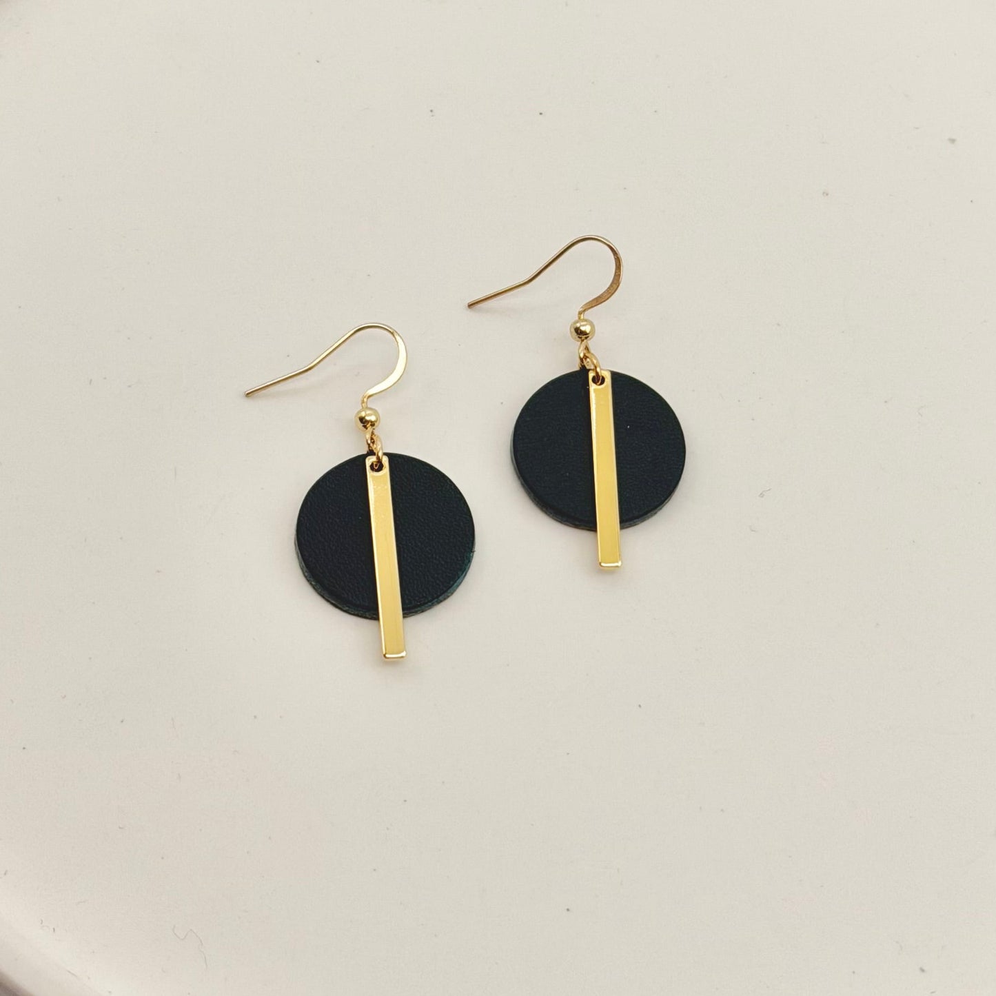 Leather Circle + Gold Bar Earrings | Black
