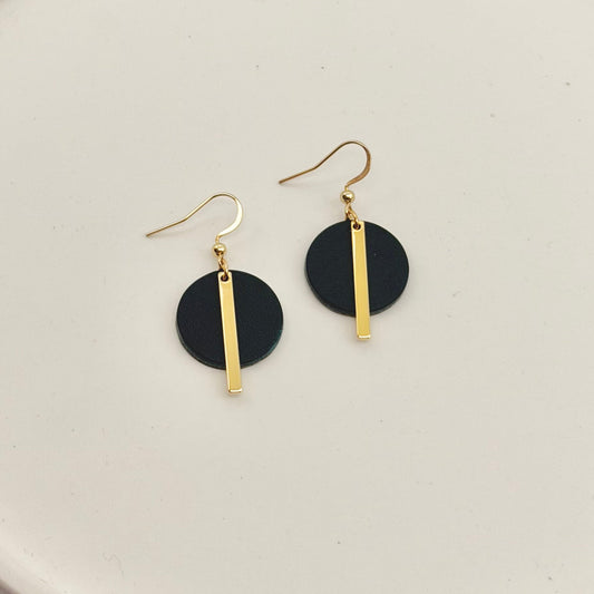 Leather Circle + Gold Bar Earrings | Black