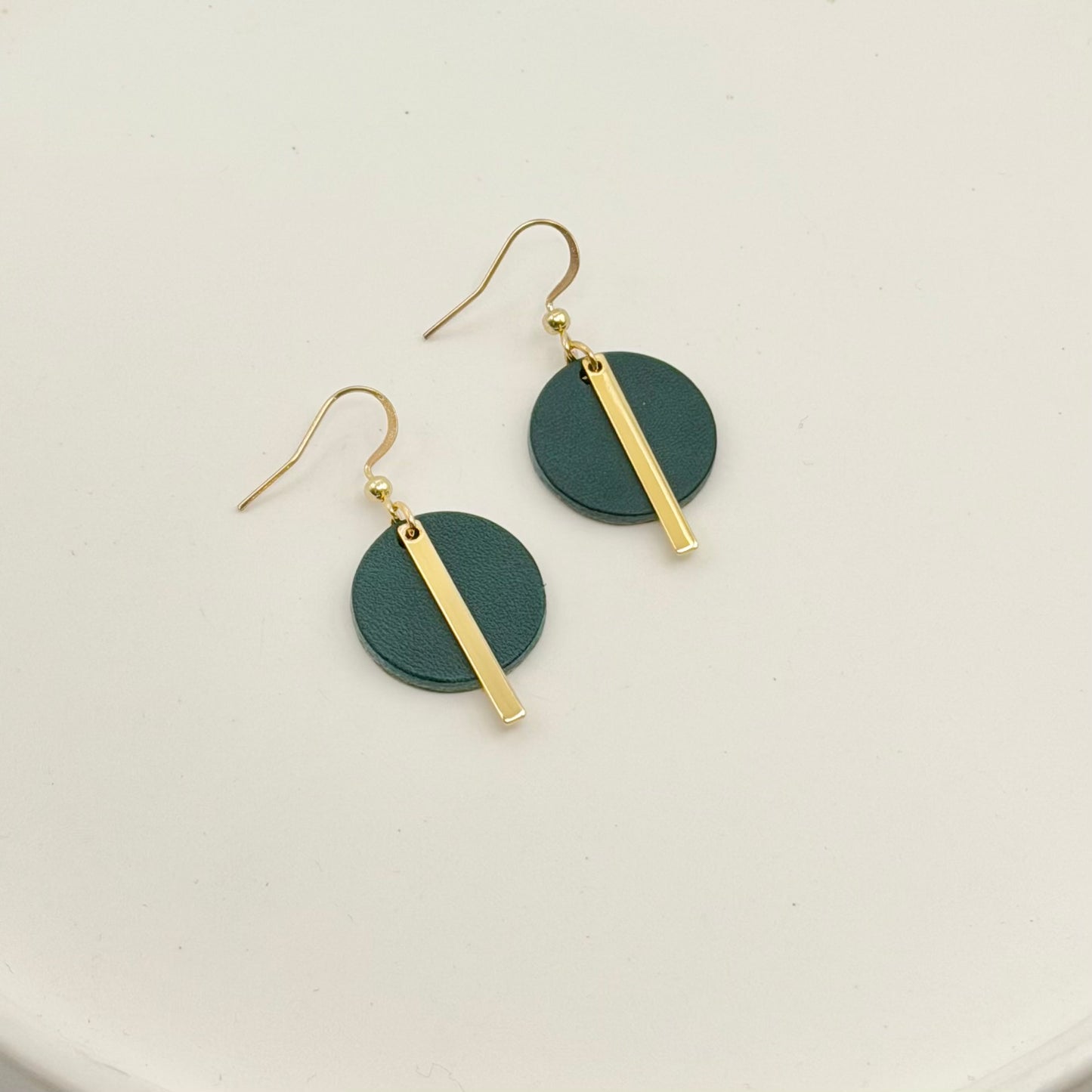 Leather Circle + Gold Bar Earrings | Teal