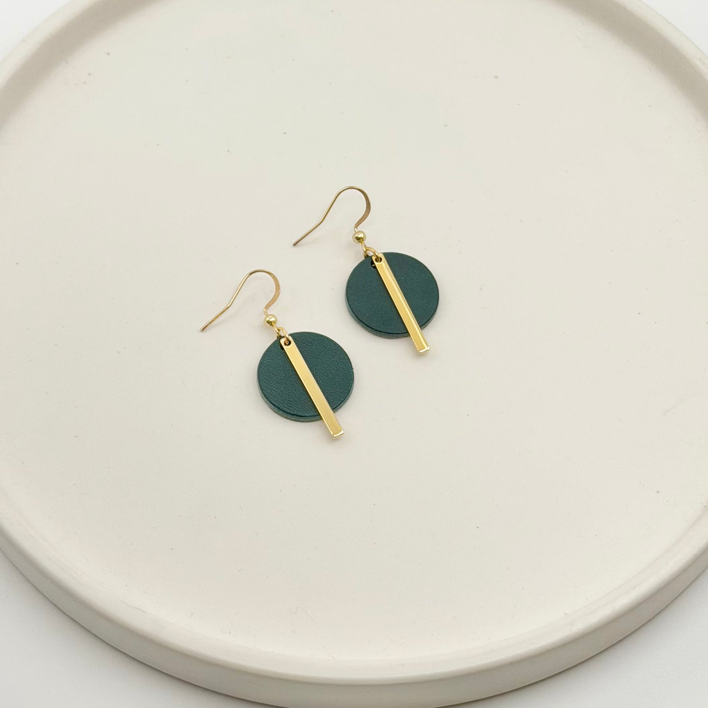 Leather Circle + Gold Bar Earrings | Teal