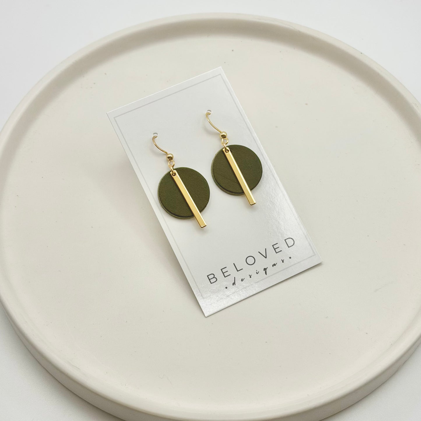 Leather Circle + Gold Bar Earrings | Olive