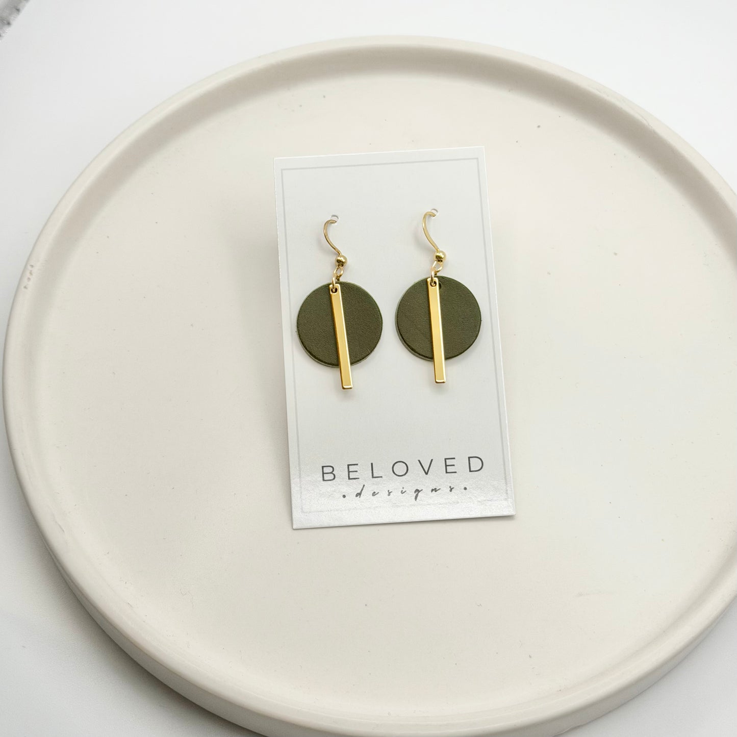 Leather Circle + Gold Bar Earrings | Olive