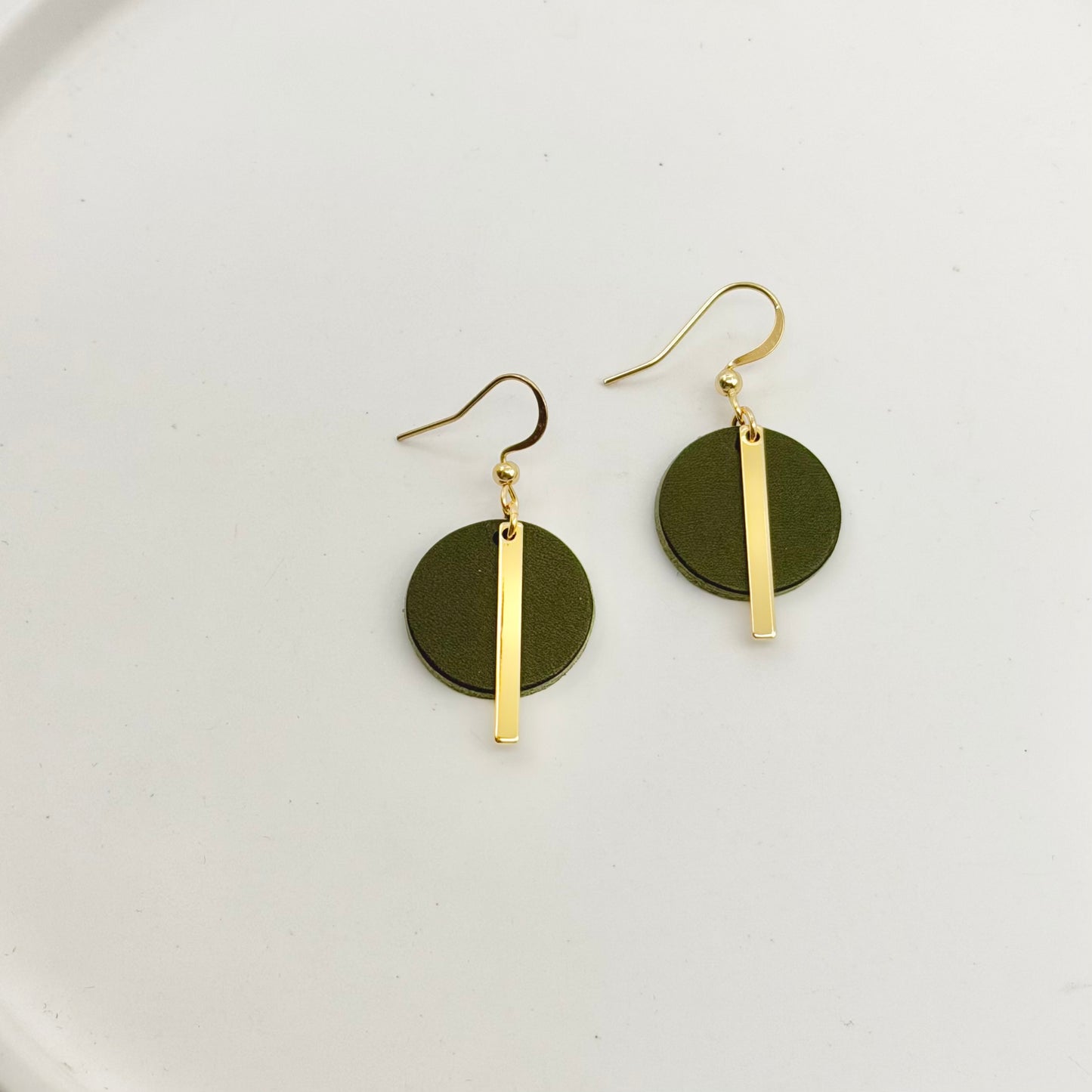 Leather Circle + Gold Bar Earrings | Olive
