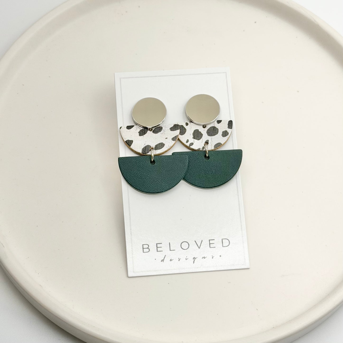 Leather Double Half Circle + Rhodium Stud | Dalmatian + Teal