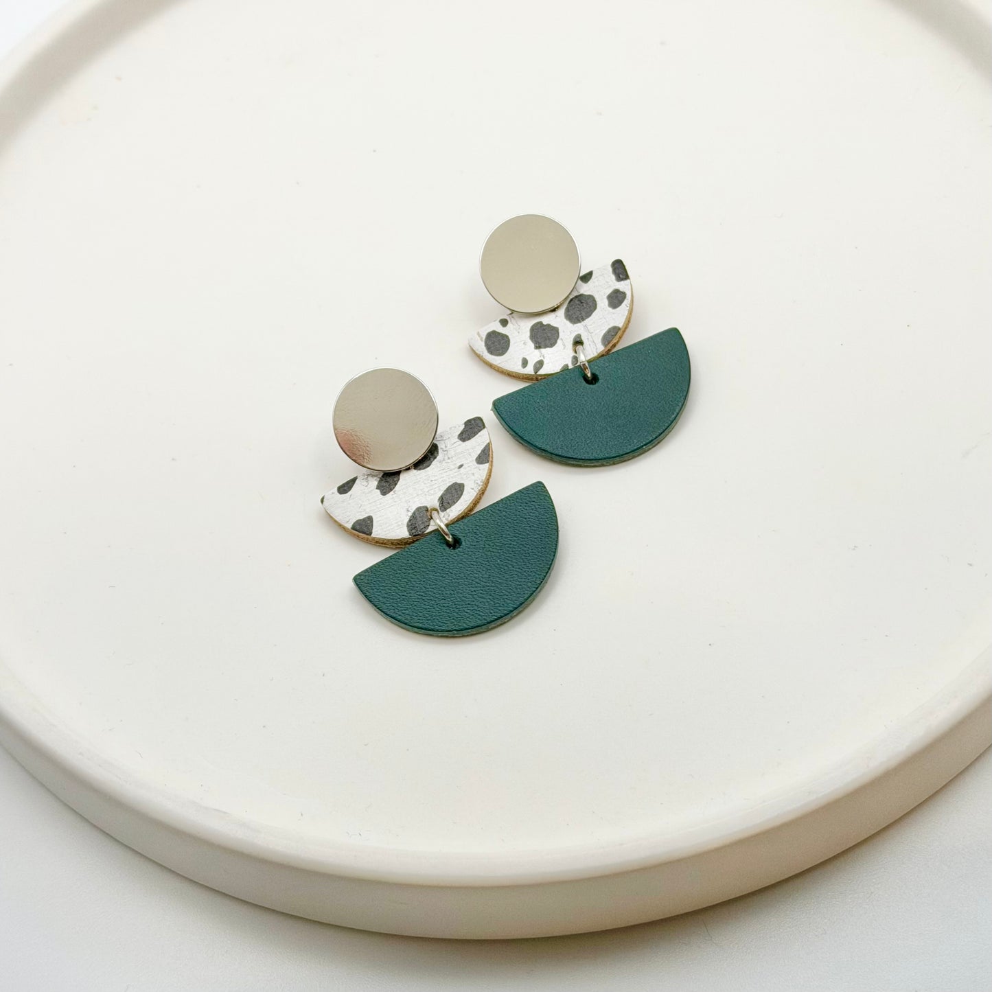 Leather Double Half Circle + Rhodium Stud | Dalmatian + Teal