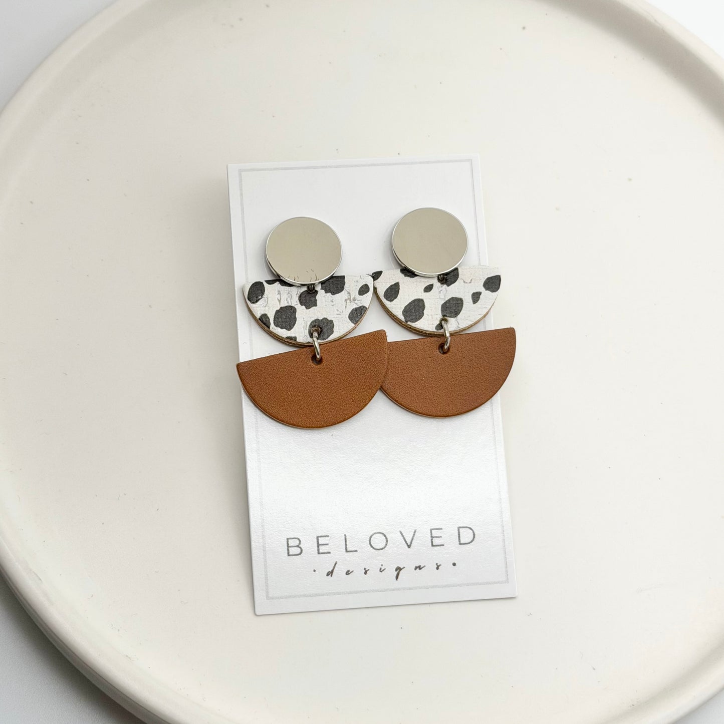 Leather Double Half Circle + Rhodium Stud | Dalmatian + Cognac