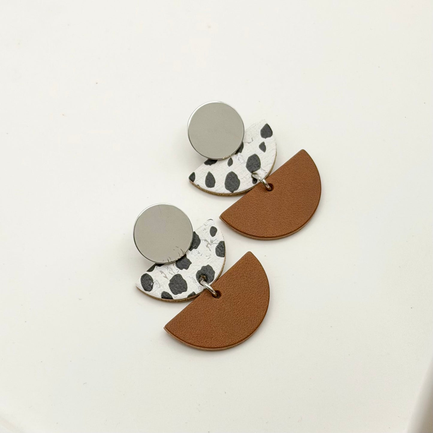 Leather Double Half Circle + Rhodium Stud | Dalmatian + Cognac