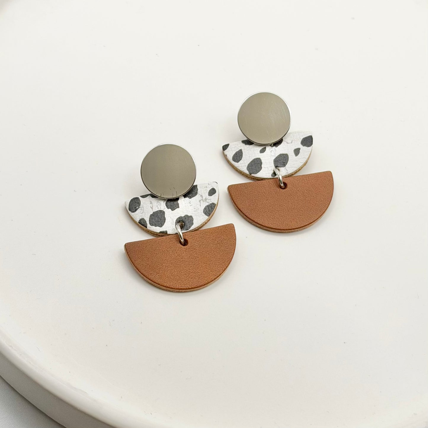 Leather Double Half Circle + Rhodium Stud | Dalmatian + Cognac