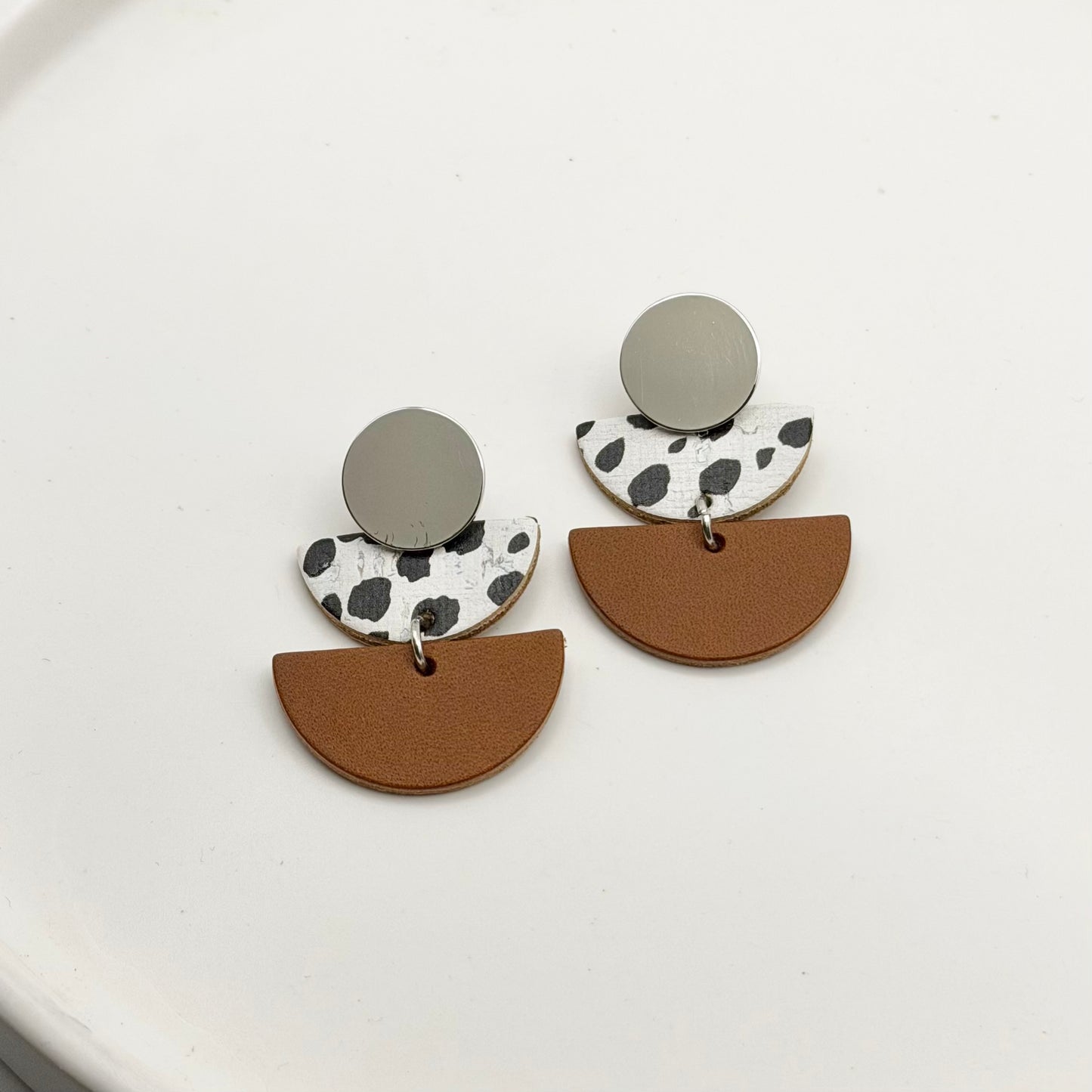 Leather Double Half Circle + Rhodium Stud | Dalmatian + Cognac