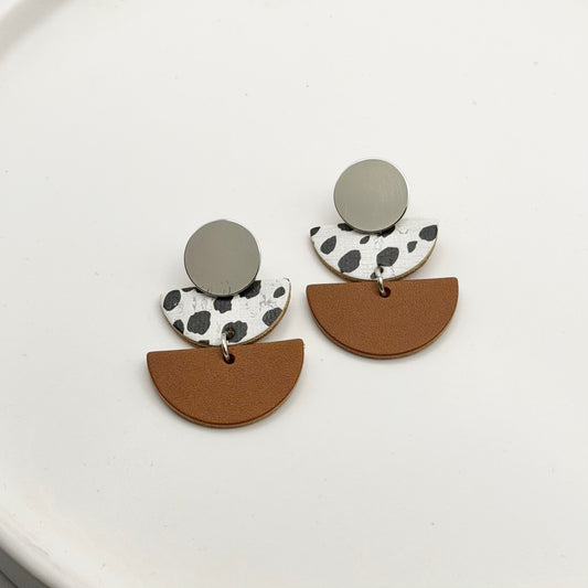 Leather Double Half Circle + Rhodium Stud | Dalmatian + Cognac