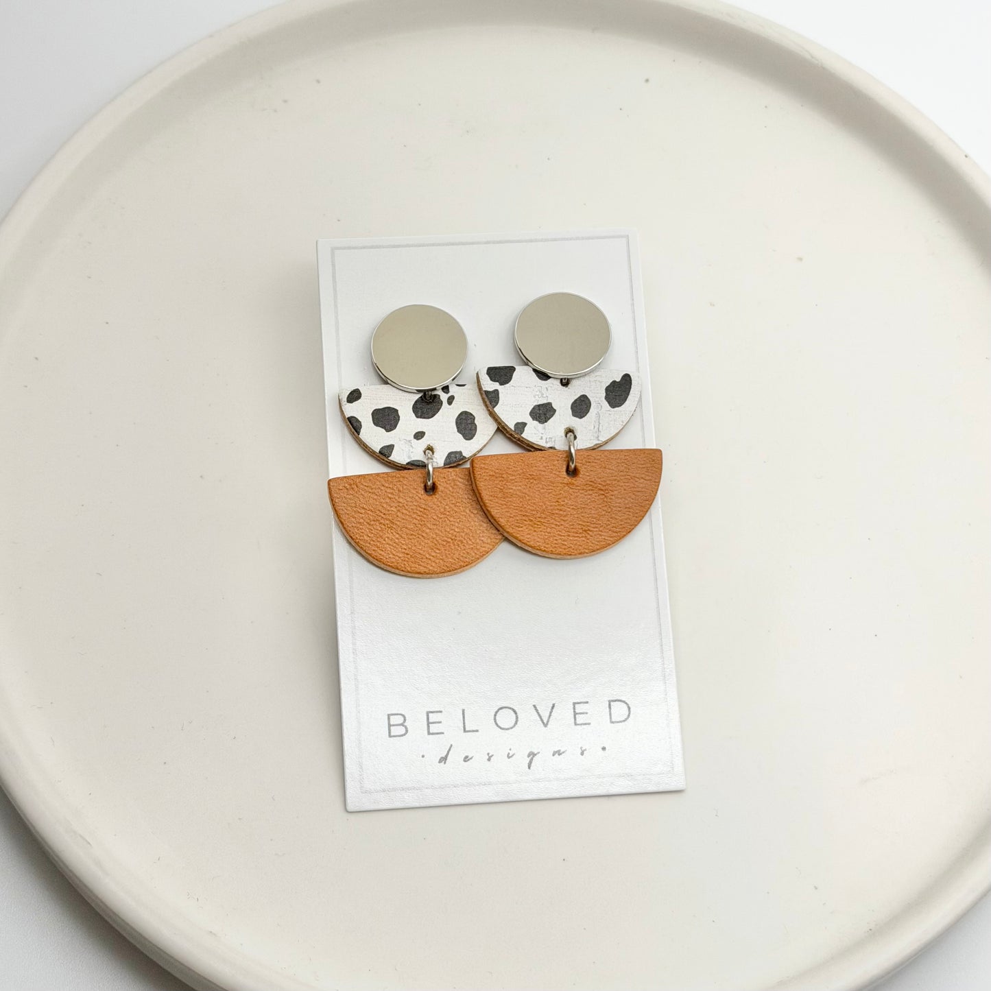 Leather Double Half Circle + Rhodium Stud | Dalmatian + Natural