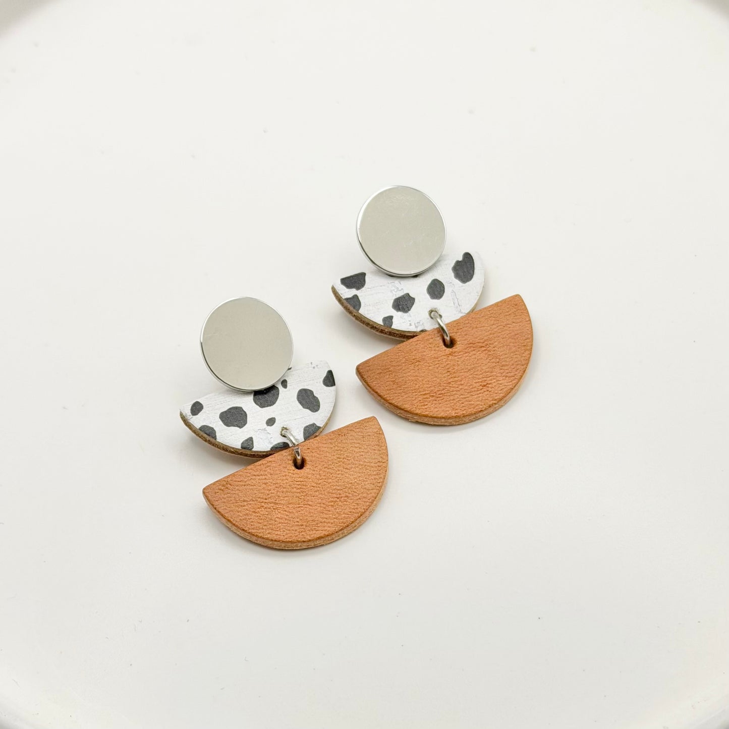 Leather Double Half Circle + Rhodium Stud | Dalmatian + Natural