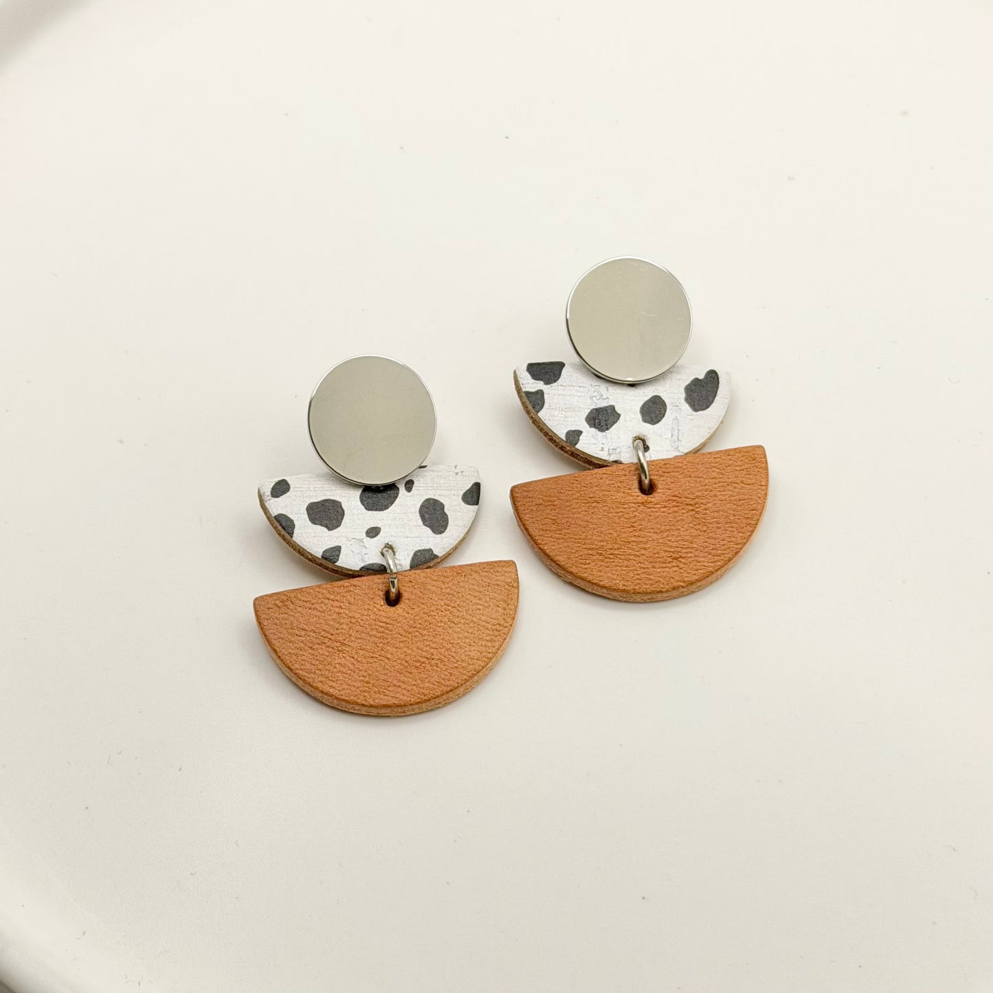 Leather Double Half Circle + Rhodium Stud | Dalmatian + Natural