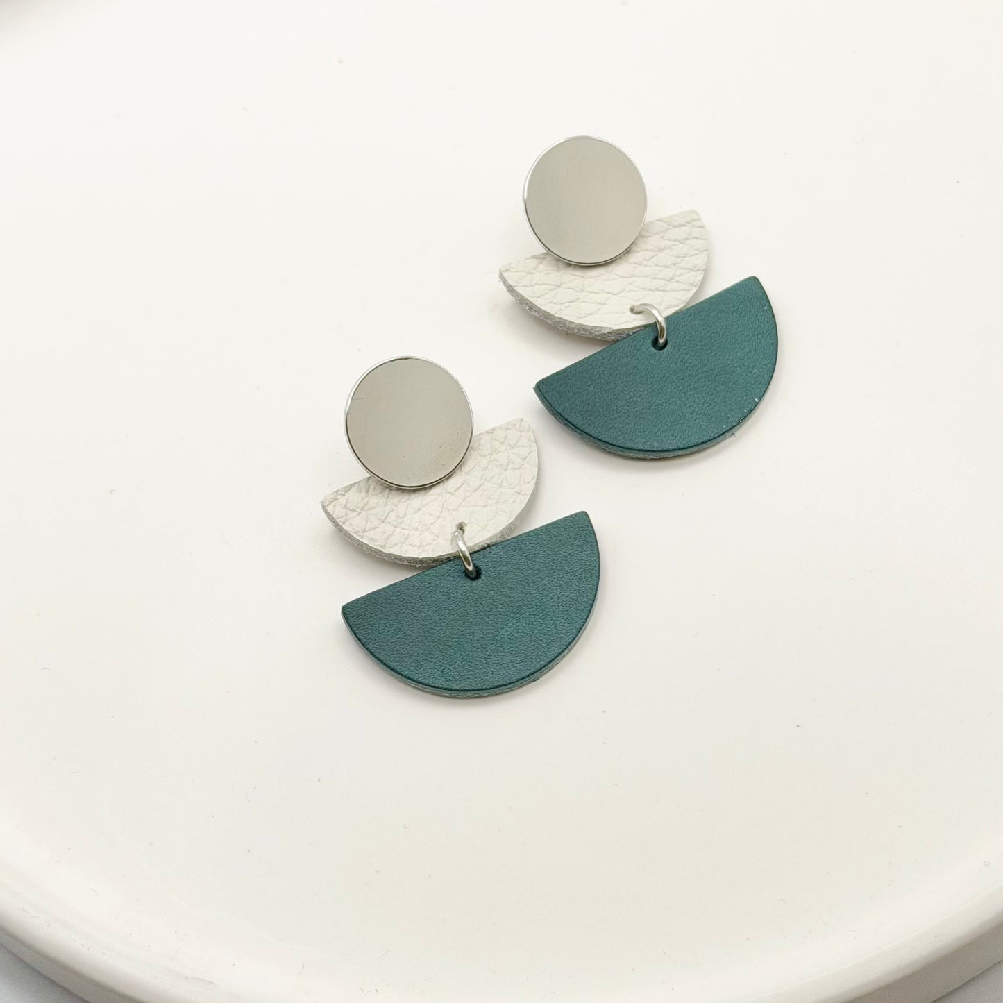 Leather Half Circle + Rhodium Stud Earrings | Teal + Cream