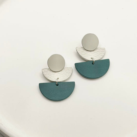 Leather Half Circle + Rhodium Stud Earrings | Teal + Cream