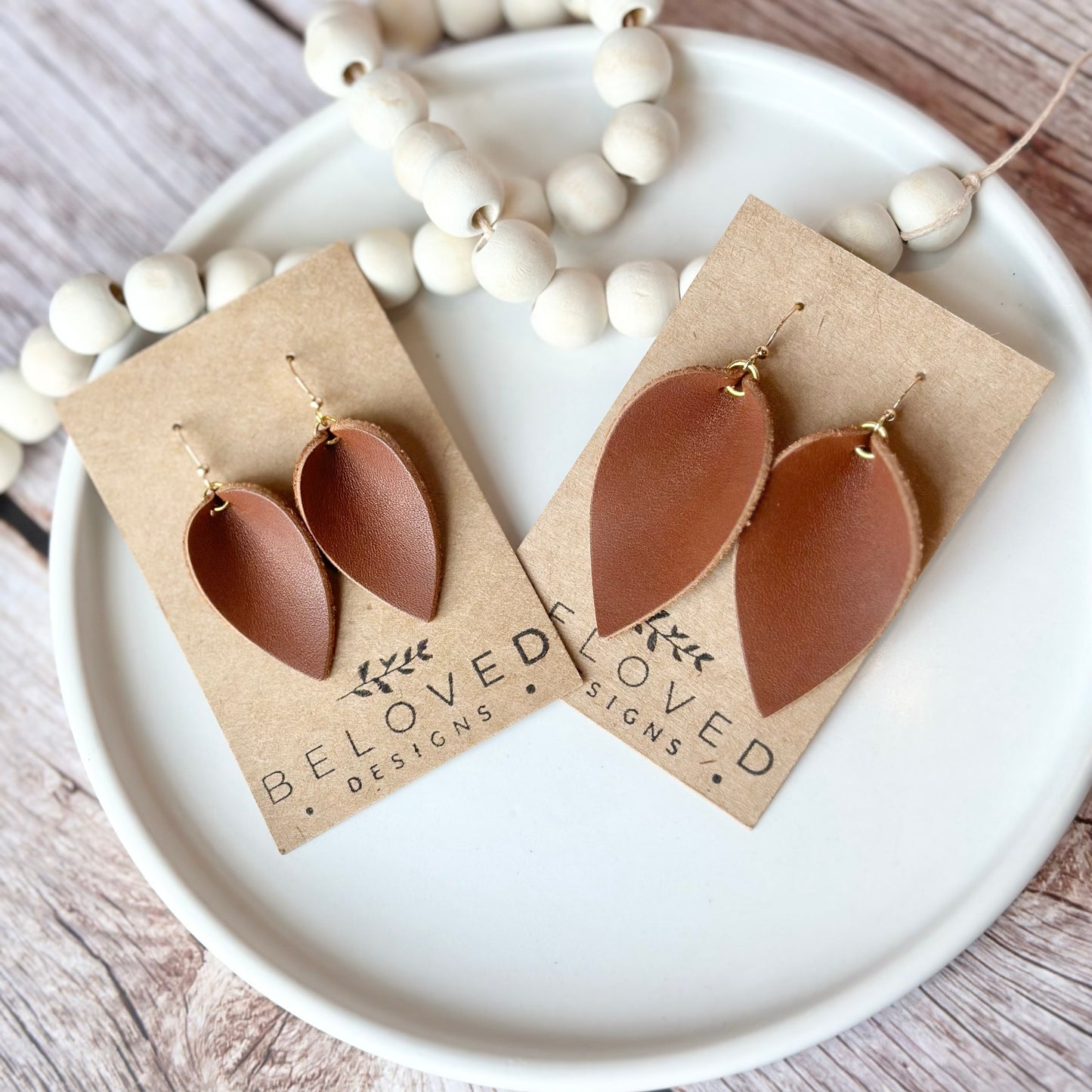 Nutmeg Leather Folded Leaf Earrings - Small