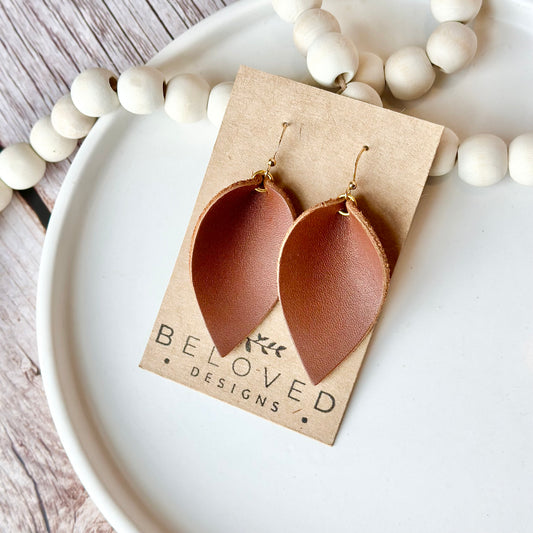 Nutmeg Leather Folded Leaf Earrings - Large