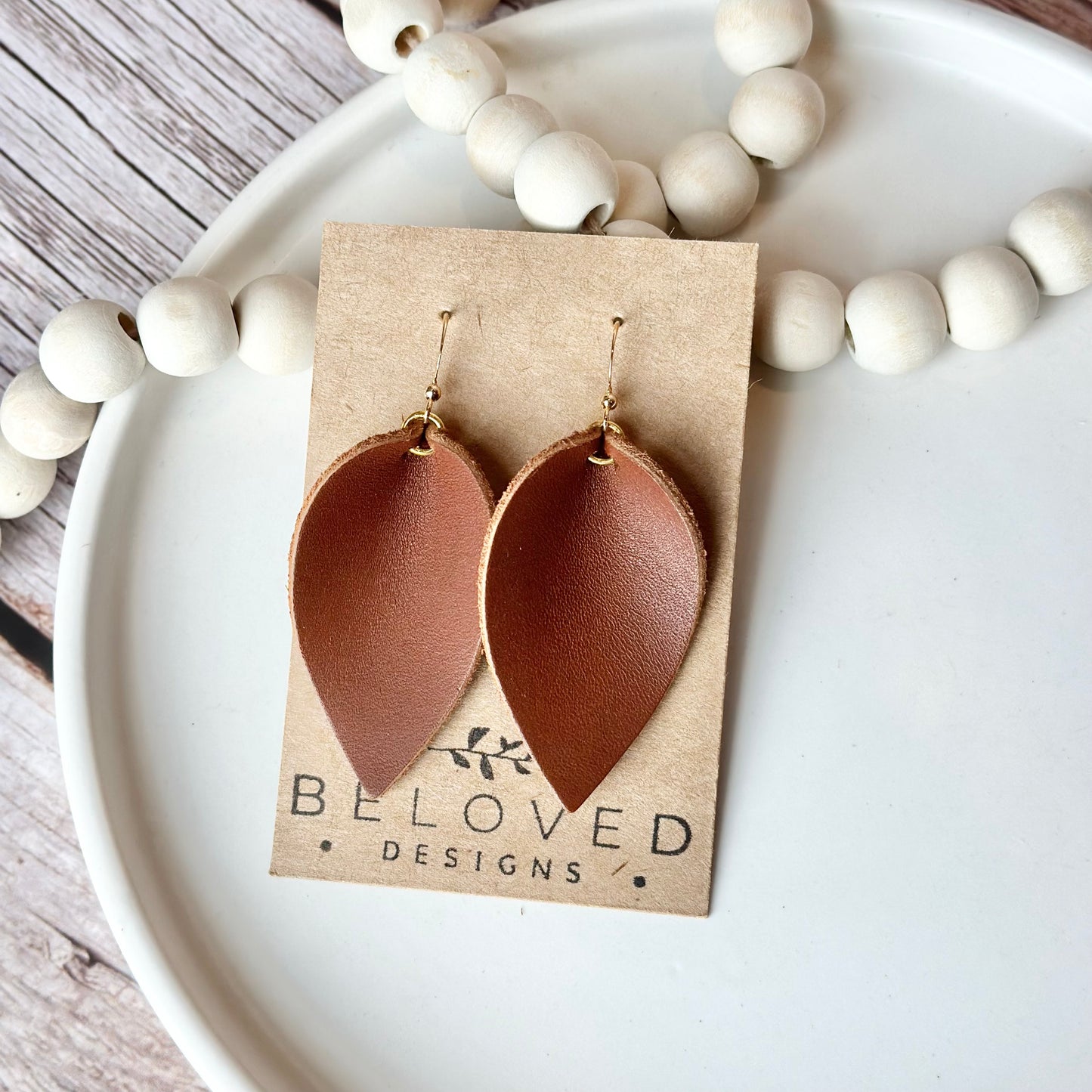 Nutmeg Leather Folded Leaf Earrings - Large